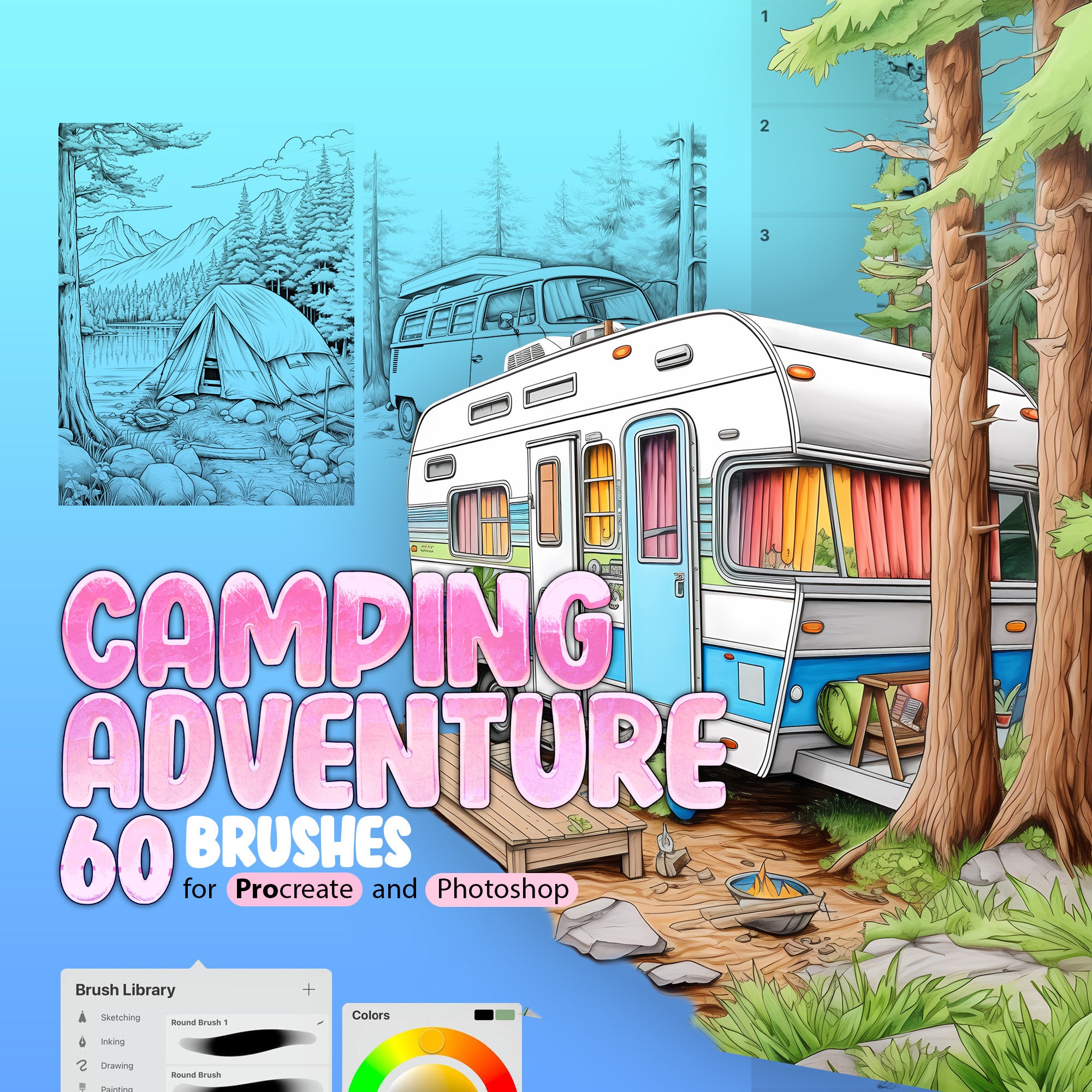 60 Camping Stamp Brushes for Procreate and Photoshop