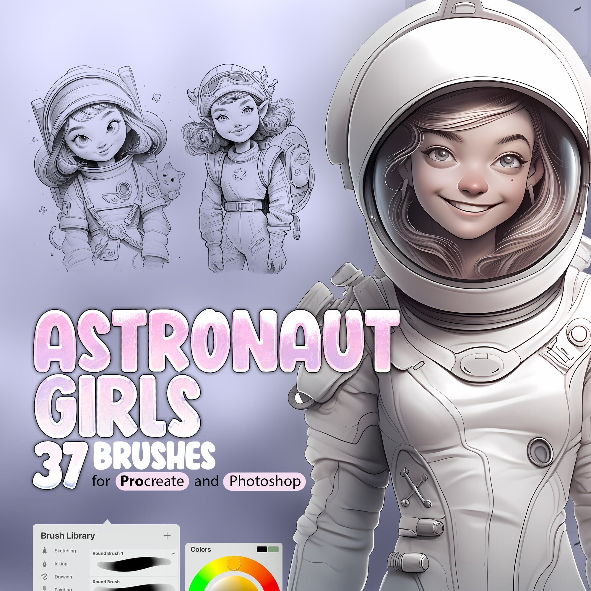 37 Astronaut Girls Stamp Brushes for Procreate and Photoshop