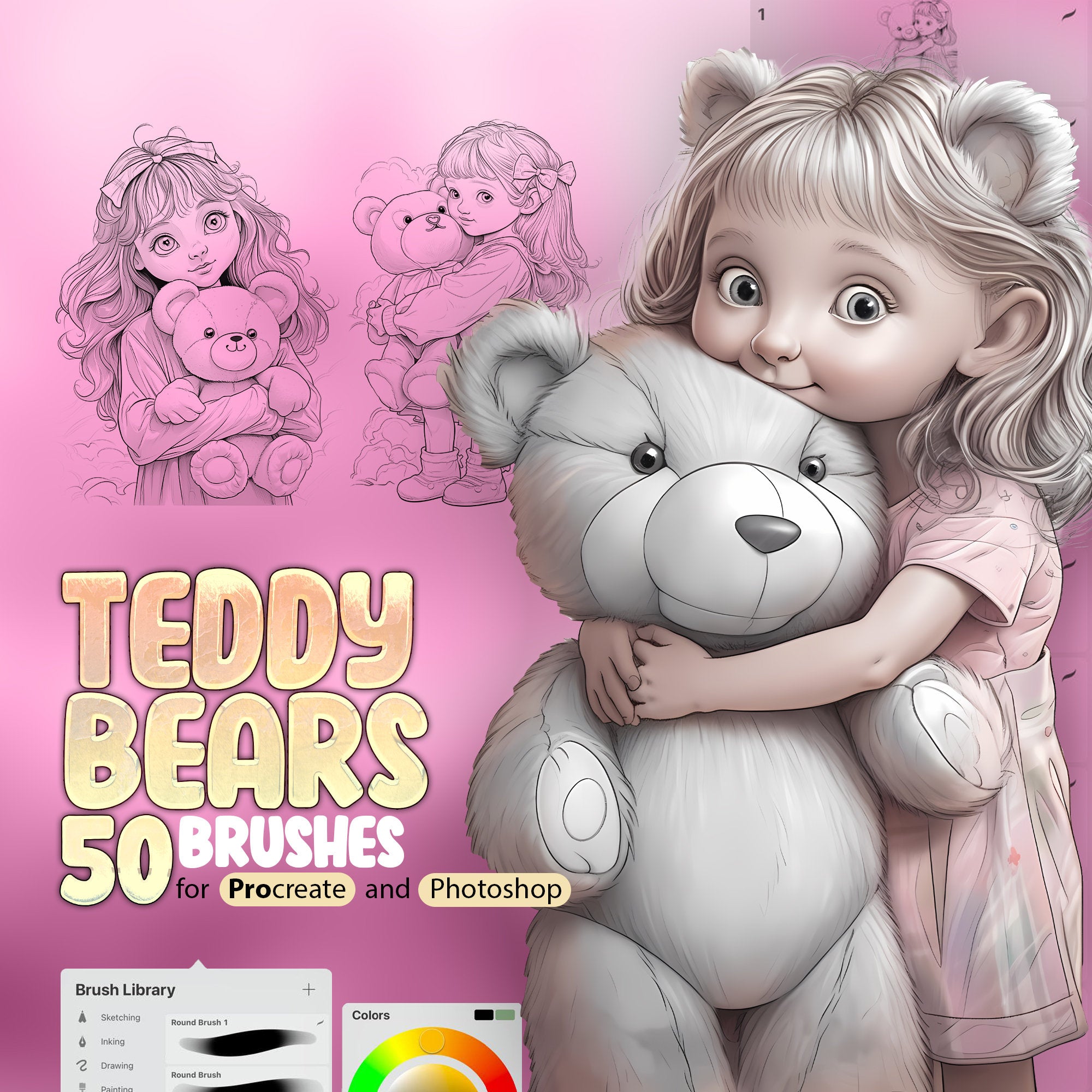 50 Little Girls with Teddy Bears Stamp Brushes for Procreate and Photoshop