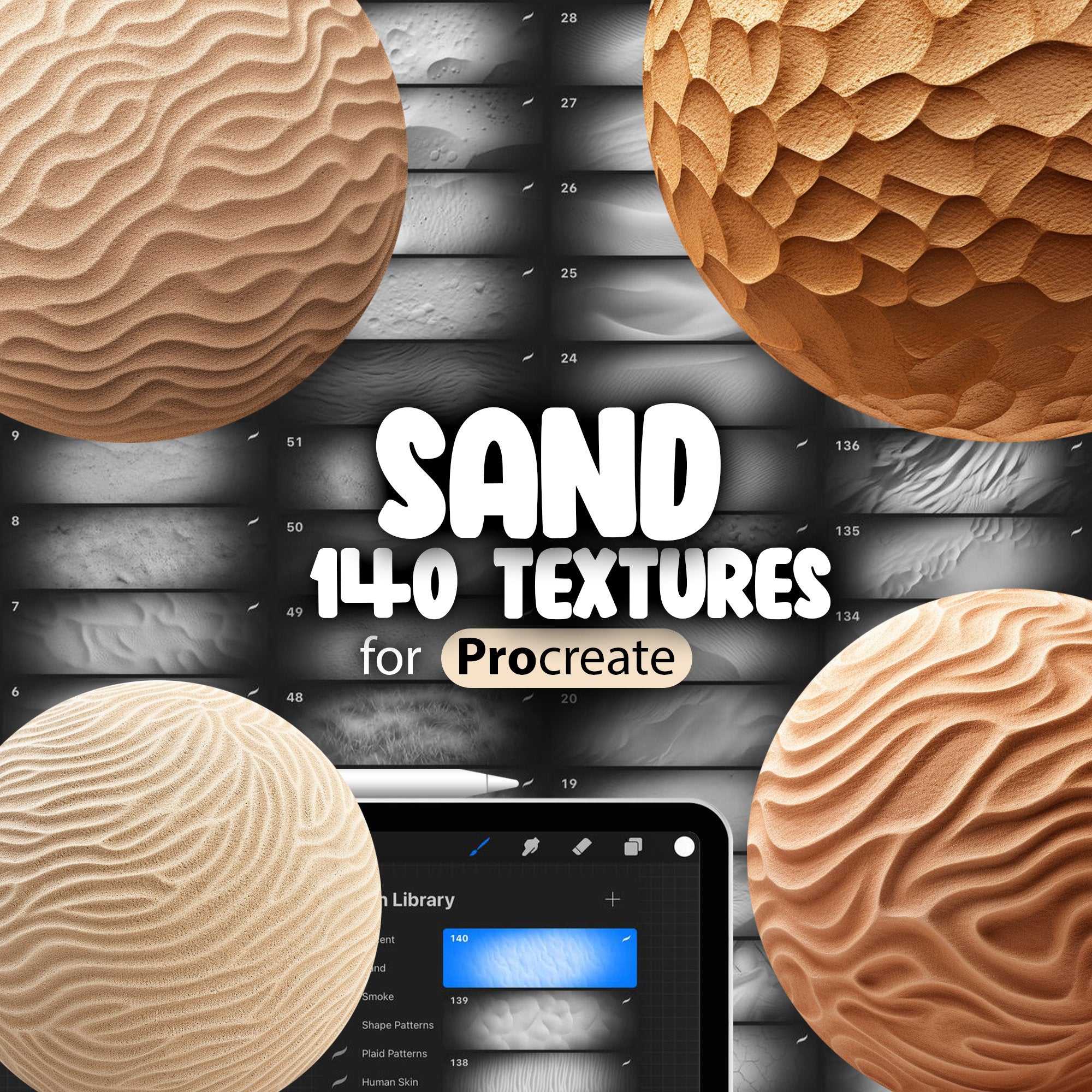 A collection of 140 different sand textures for Procreate, displayed on a tablet screen showing various sand types such as coarse, cracked, damp, desert, dune, and wet.