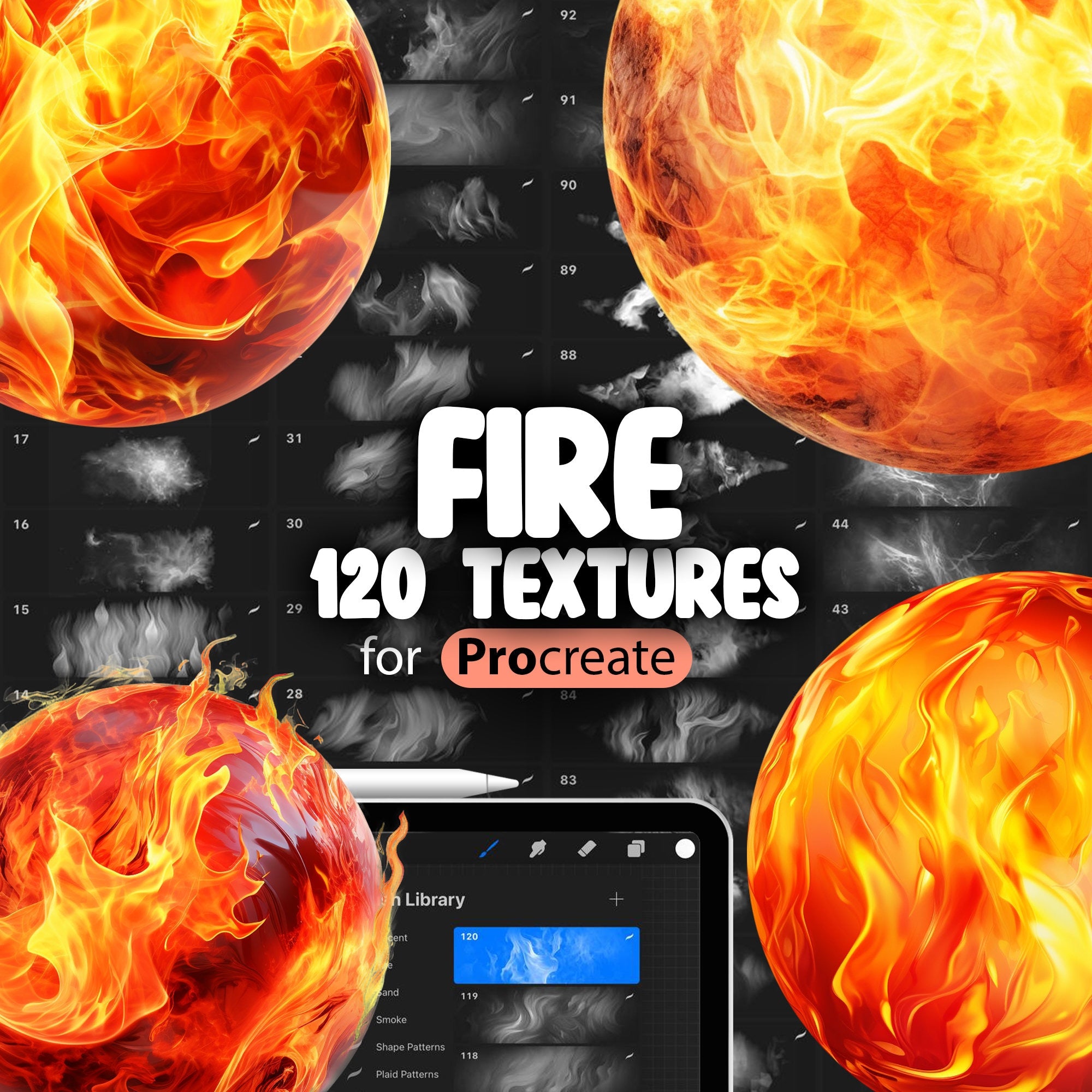 A promotional image featuring a set of 120 fire-themed brushes for Procreate, displayed on a tablet with fiery graphics in the background.