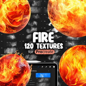A promotional image featuring a set of 120 fire-themed brushes for Procreate, displayed on a tablet with fiery graphics in the background.
