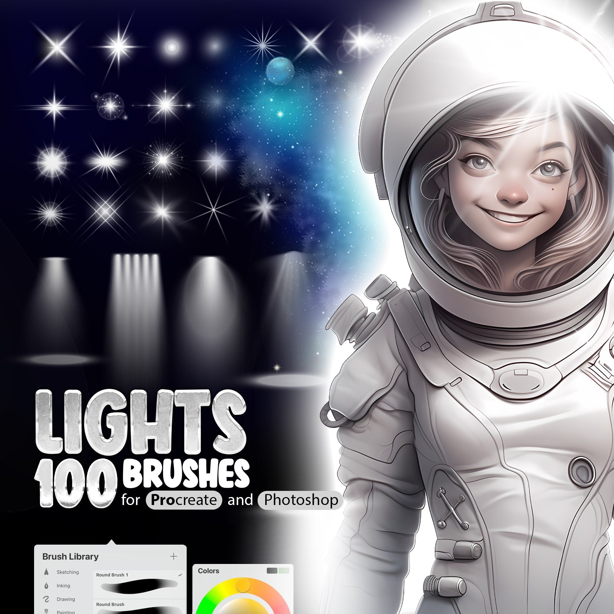 100 Lights Brushes for Procreate and Photoshop