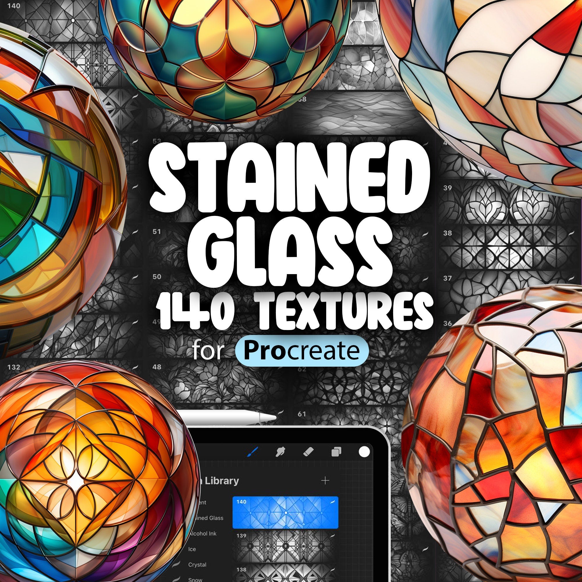 140 Procreate Stained Glass Textures, Geometric Stained Glass Procreate Texture Seamless Brushes, Floral Stained Glass Procreate Texture