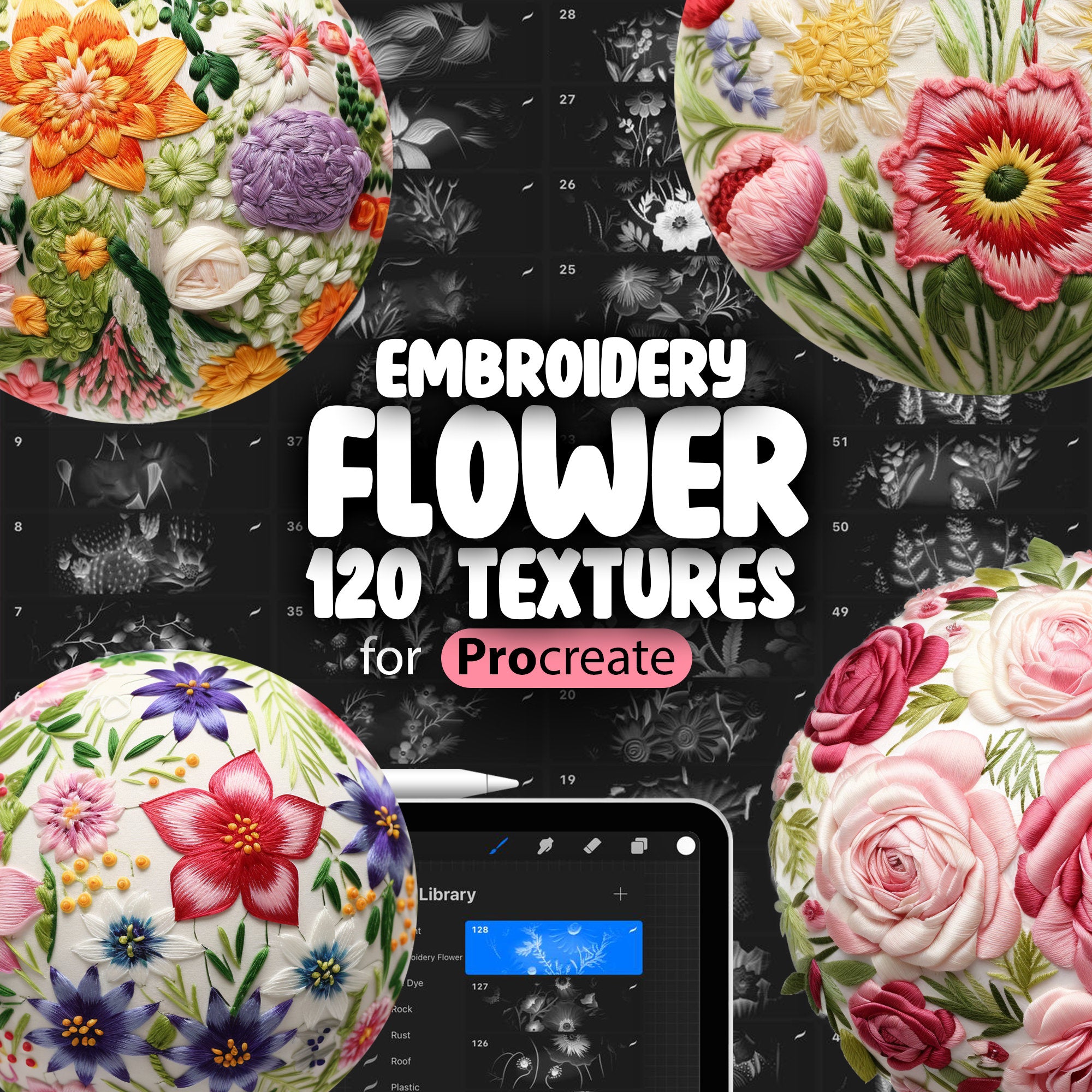 120 Procreate Flower Embroidery Fabric Textures, Flower Embroidery Textile Procreate Pattern Seamless Brushes, Procreate Floral Textures