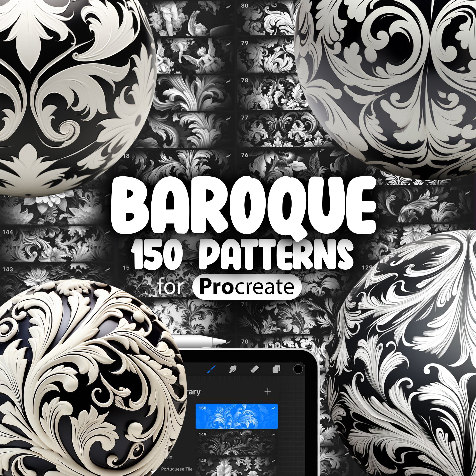 150 Procreate Baroque Patterns, Floral Baroque Procreate Texture Seamless Brushes, Procreate Baroque Tattoo Brushes