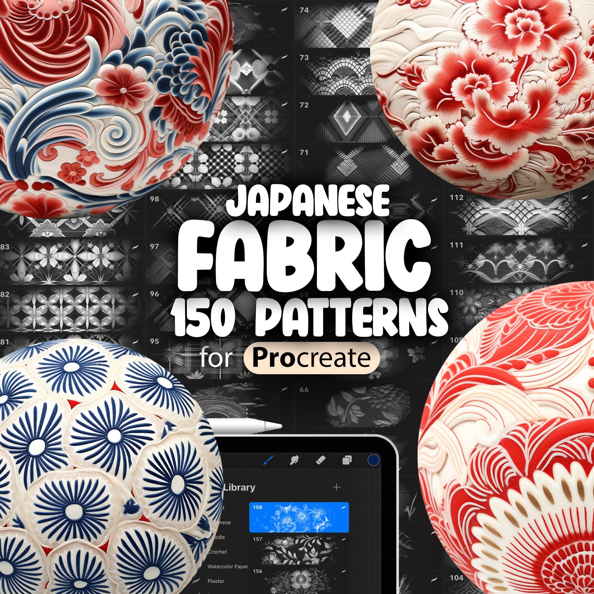A collection of Japanese fabric patterns with floral and geometric designs, advertising a set of 150 Procreate brushes for fabric embroidery.