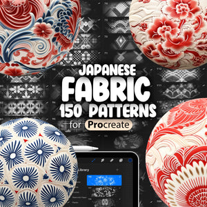 A collection of Japanese fabric patterns with floral and geometric designs, advertising a set of 150 Procreate brushes for fabric embroidery.