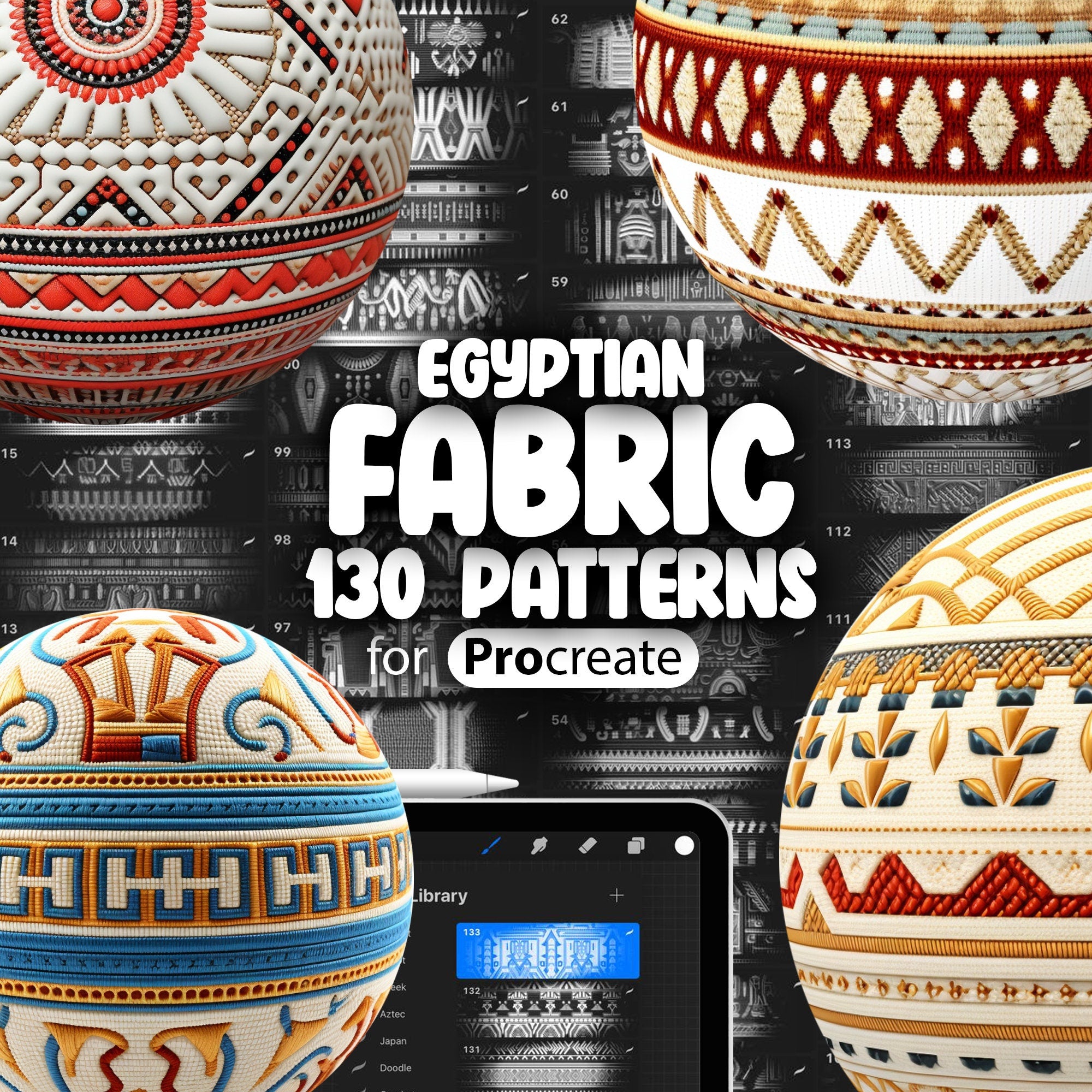 A collection of digitally created Egyptian fabric patterns for Procreate, showcasing various embroidery designs.