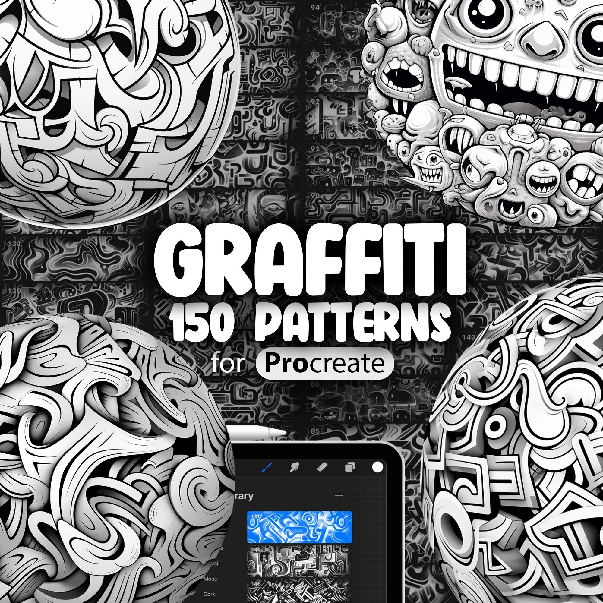 150 Procreate Graffiti Patterns, Graffiti Tag Procreate Texture Seamless Brushes, Street Art Procreate Brush, Graffiti Character Pattern