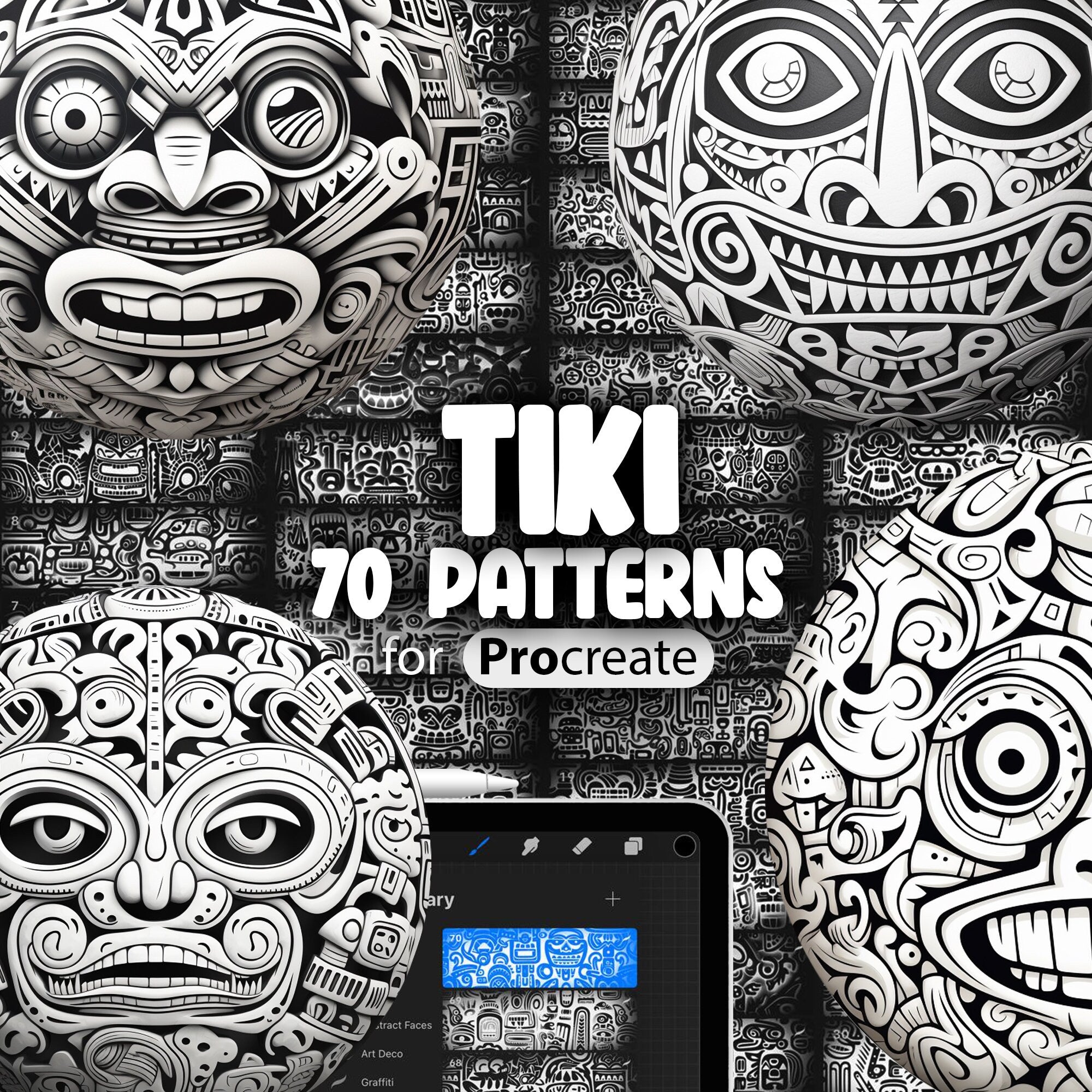 70 Procreate Tiki Patterns, Little Tiki Creatures Procreate Texture Seamless Brushes, Tiki Tattoo Procreate Brush