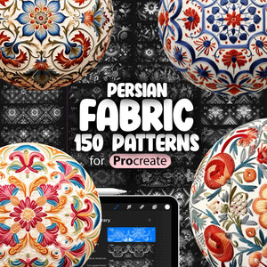 A collection of Procreate brushes showcasing various Persian fabric patterns, indicating the software is used for creating digital art with a focus on Persian-inspired designs.