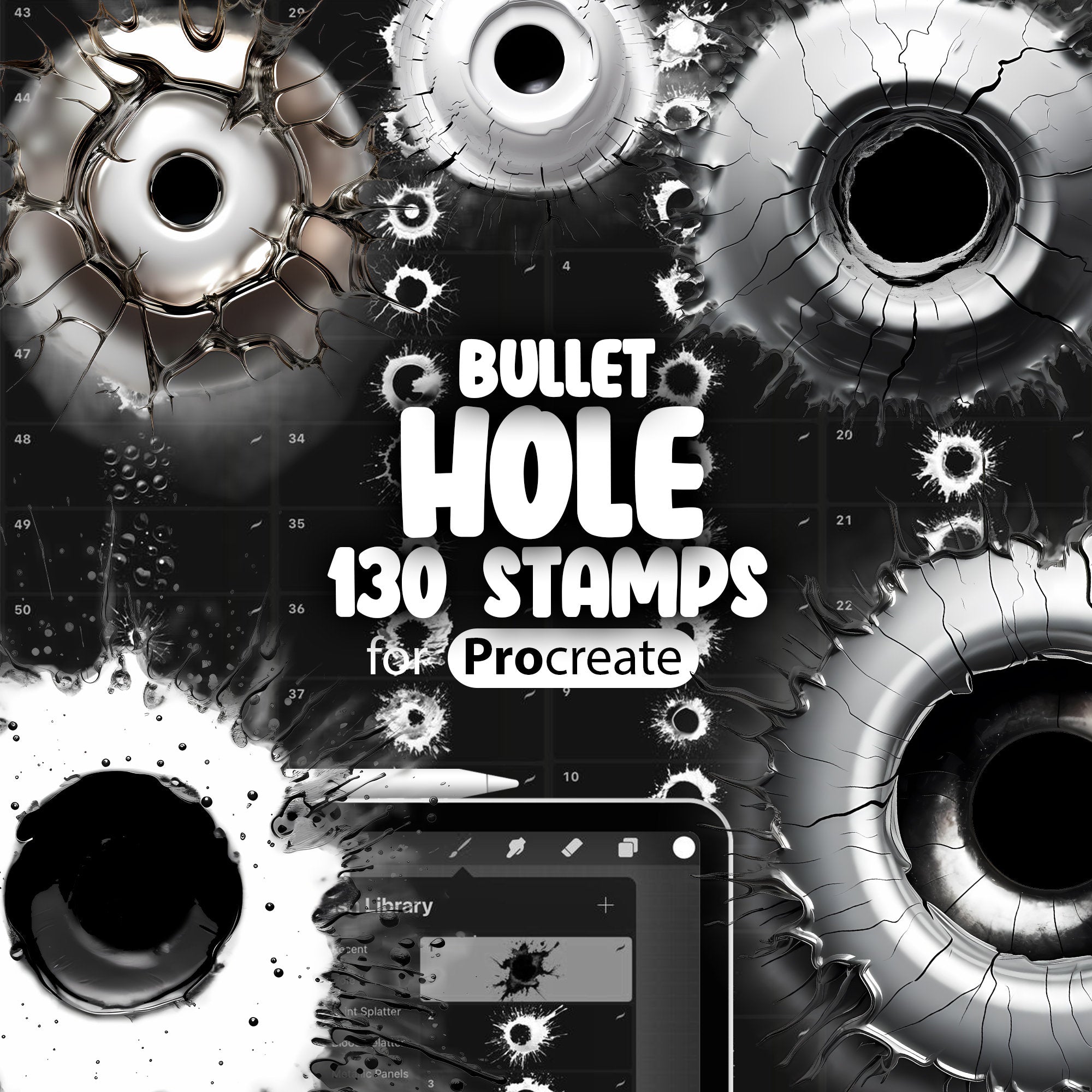 130 Procreate Bullet Holes Stamp Brushes, Procreate Shot Hole Stamp Brushes, Bullet Hole in Glass, Bullet Hole in Metal, Gunshot Hole