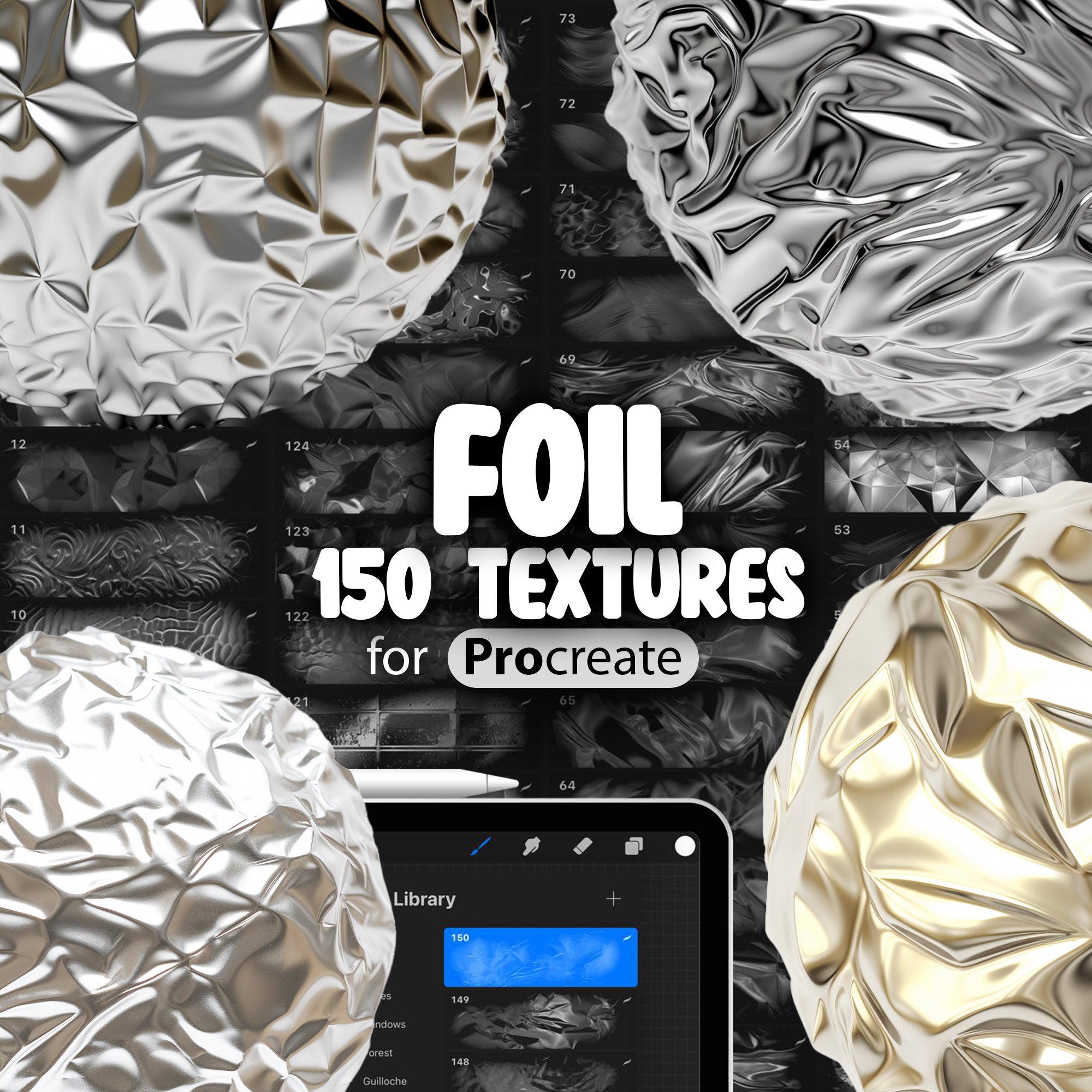 150 Procreate Foil Textures, Metal Foil Procreate Seamless Texture Brushes, Foil Texture Pack, Procreate Metallic Textures Brush