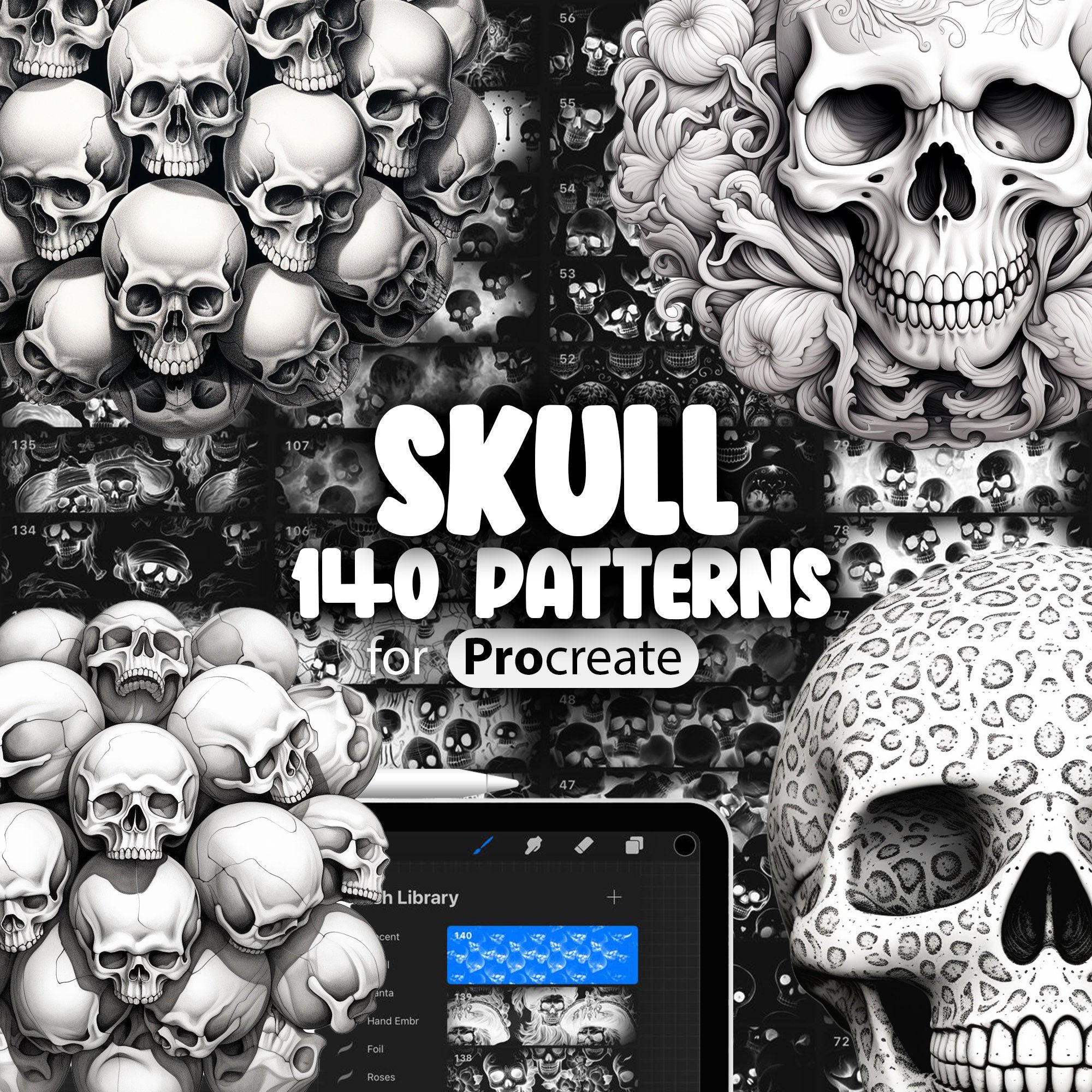 140 Procreate Skull Patterns, Gothic Skull Procreate Seamless Texture Brushes, Pirate Skulls Procreate Pattern, Floral Skull Procreate