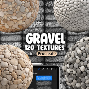 A collection of 120 gravel textures for Procreate, displayed in various styles and sizes, shown both in-app and out of it, indicating seamless integration with Procreate software.