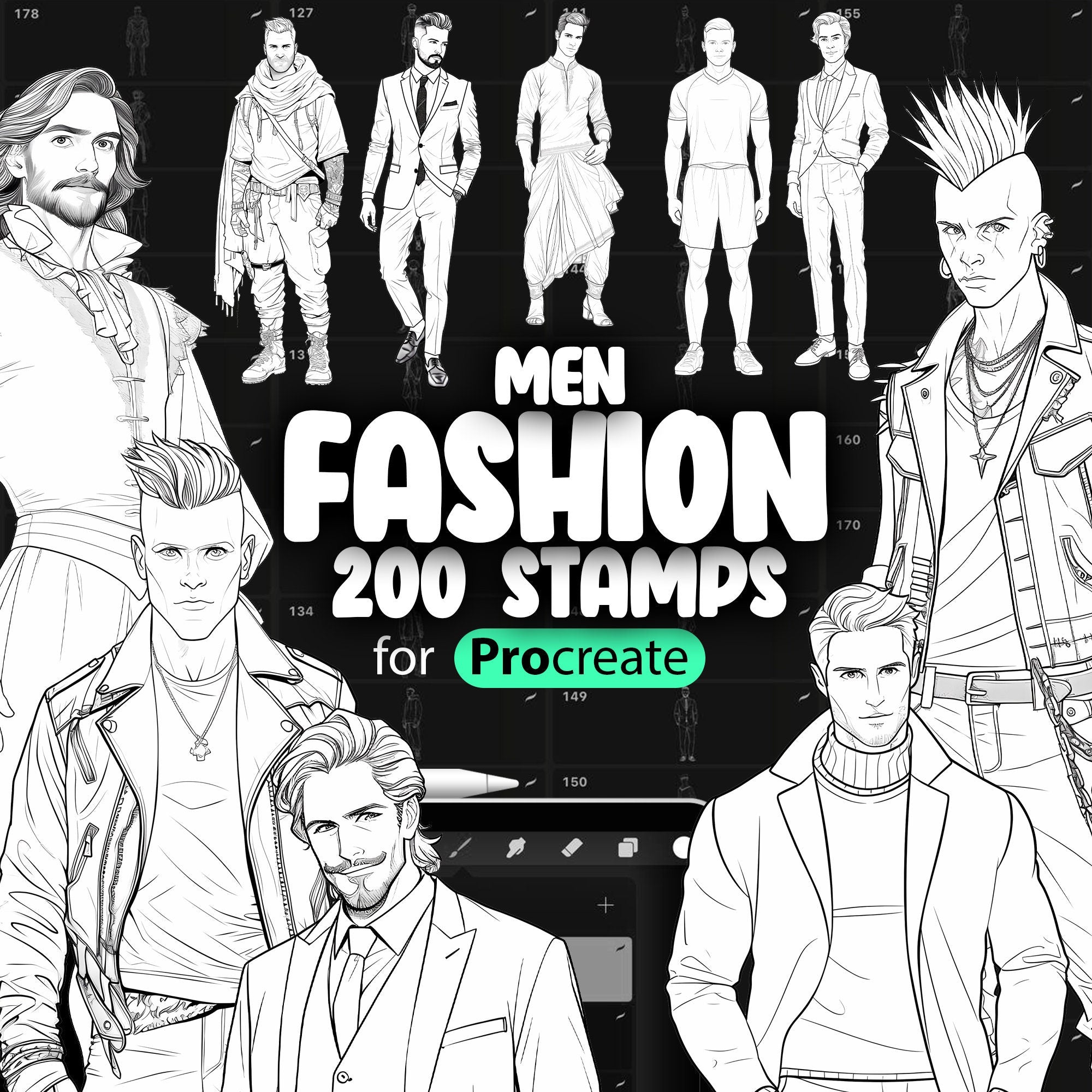 200 Procreate Men's Fashion Stamp Brushes
