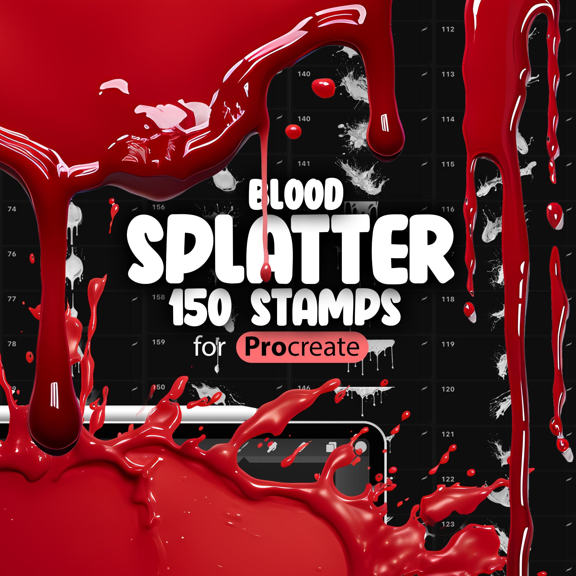 150 Procreate Glossy Blood Splatter Stamp Brushes