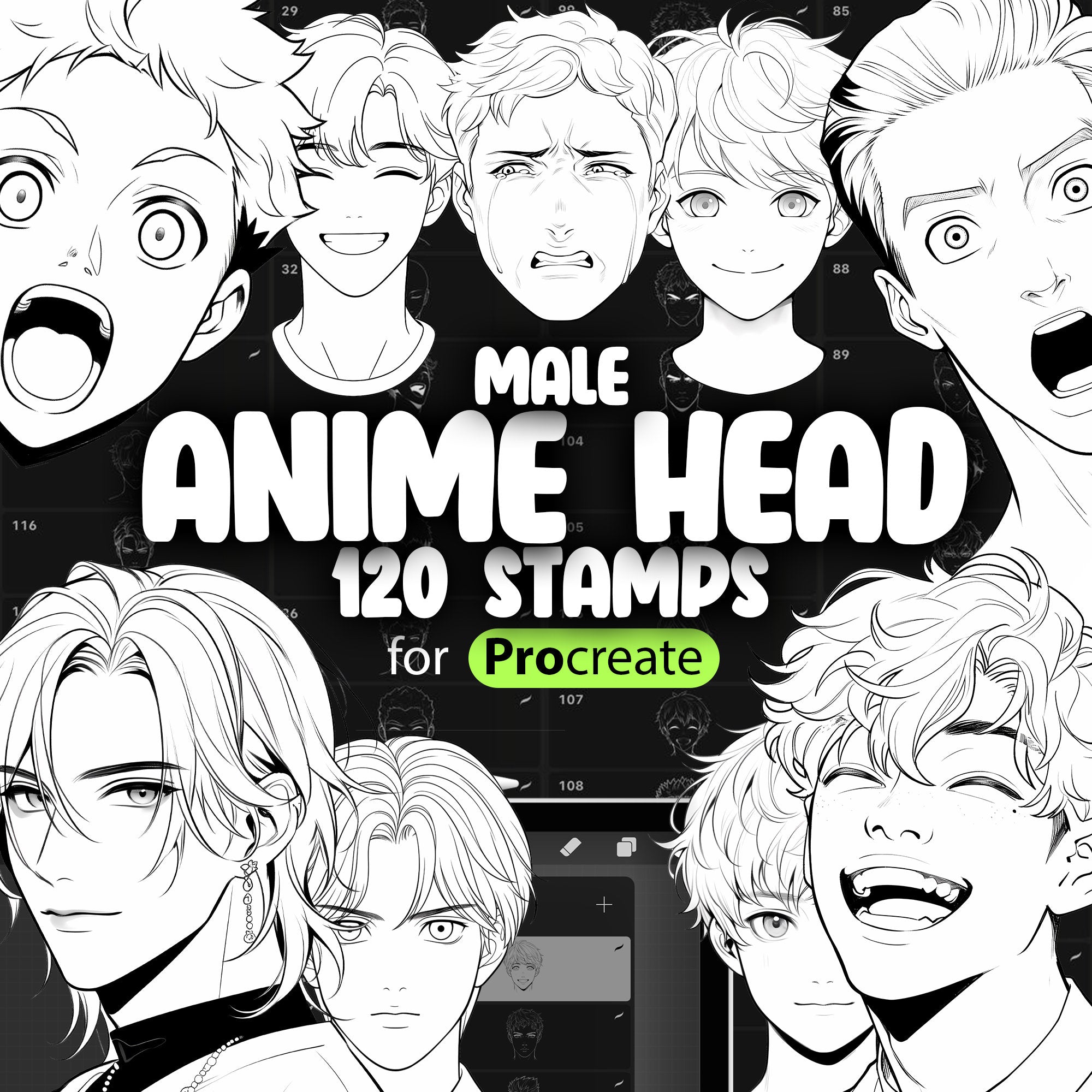 120 Procreate Anime Male Head Stamps Brushes