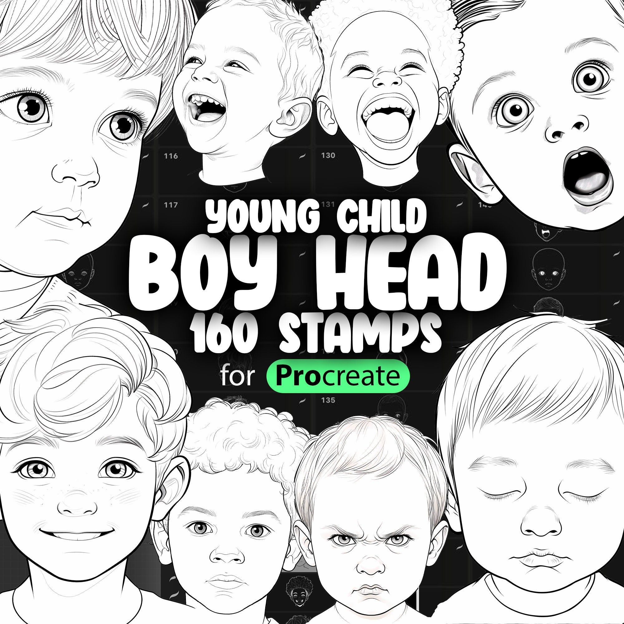 160 Procreate Young Child Boy Head Stamp Brushes (Aged 4-6) Brushes
