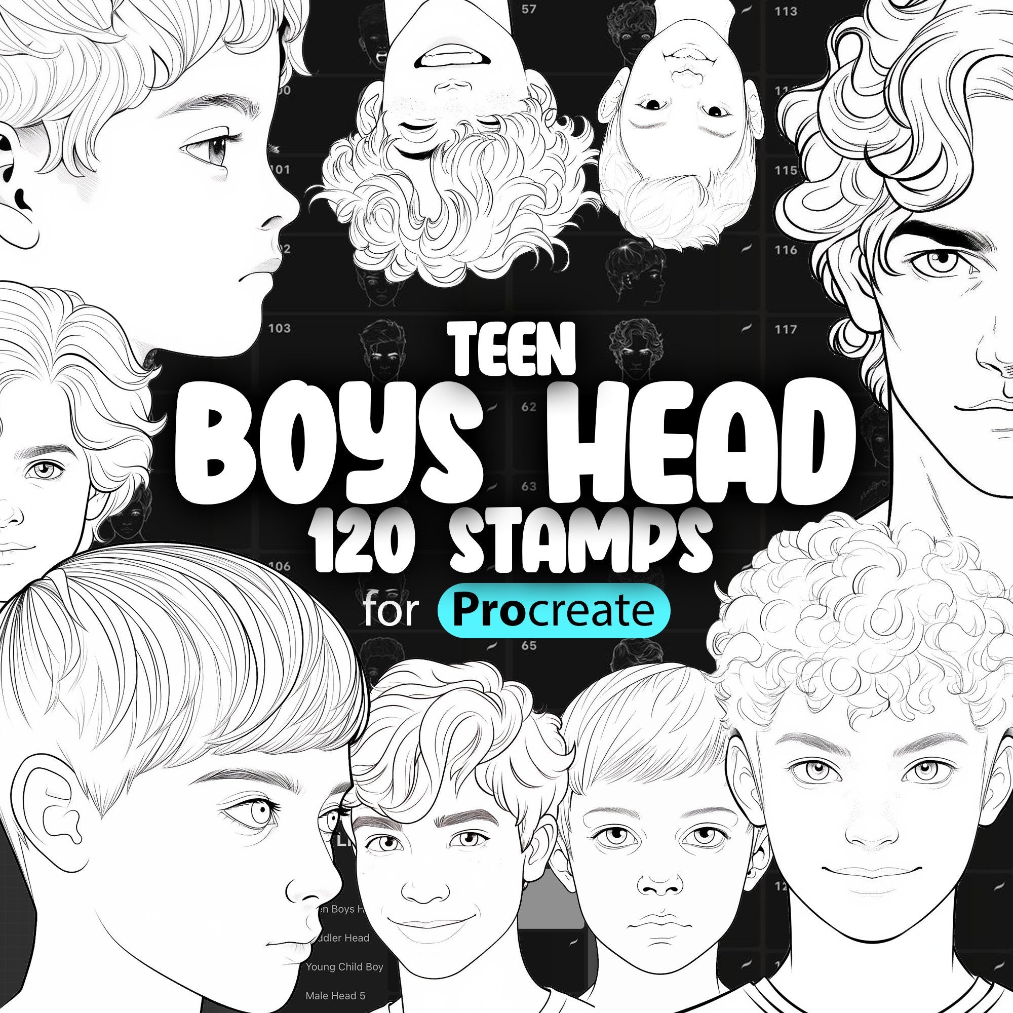 120 Procreate Teen Boys Head Stamp Brushes (aged 13-17 years old), Procreate Male Head Stamp Brush, Procreate Men Head Stamp Brushes
