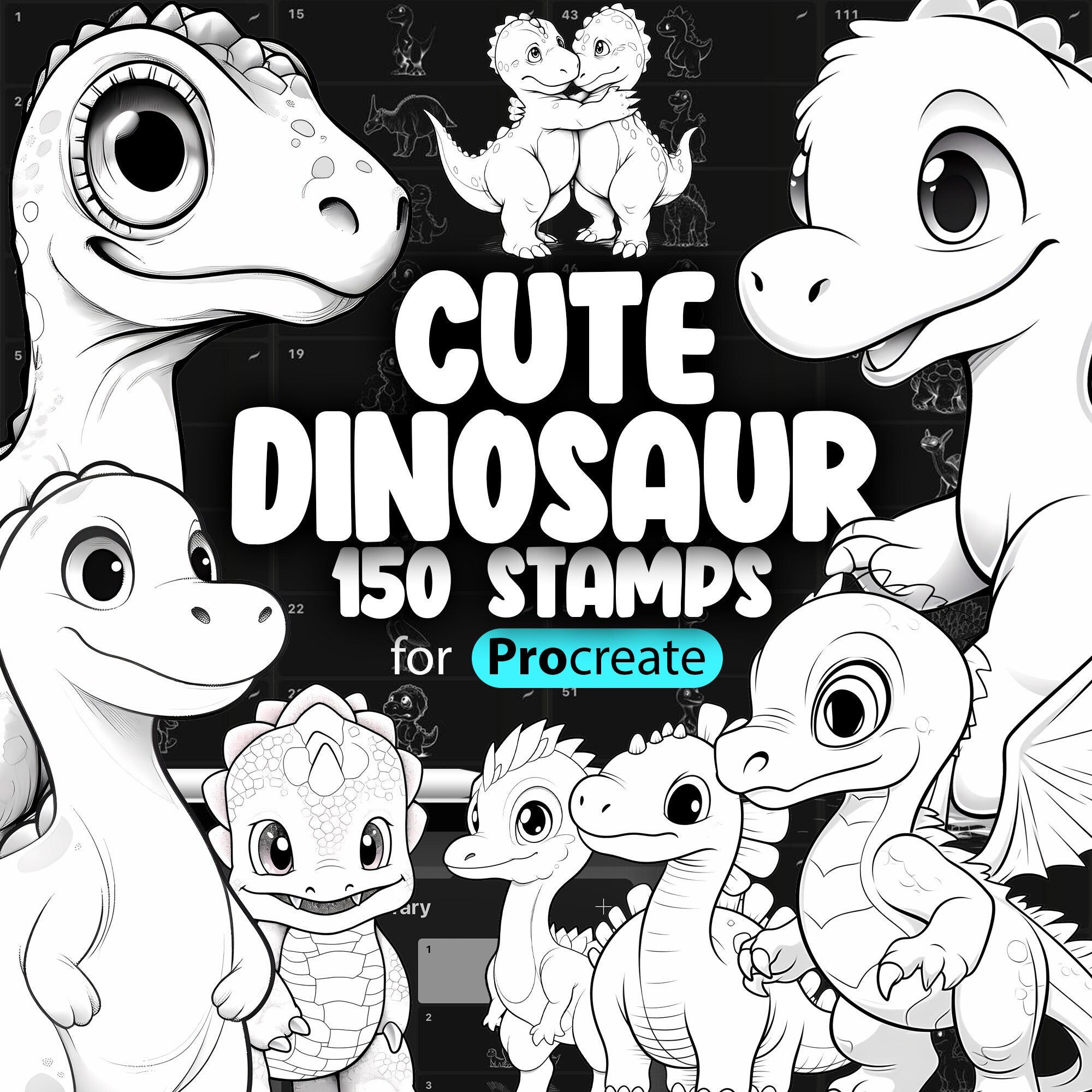 150 Procreate Cute Dinosaurs Stamps Brushes