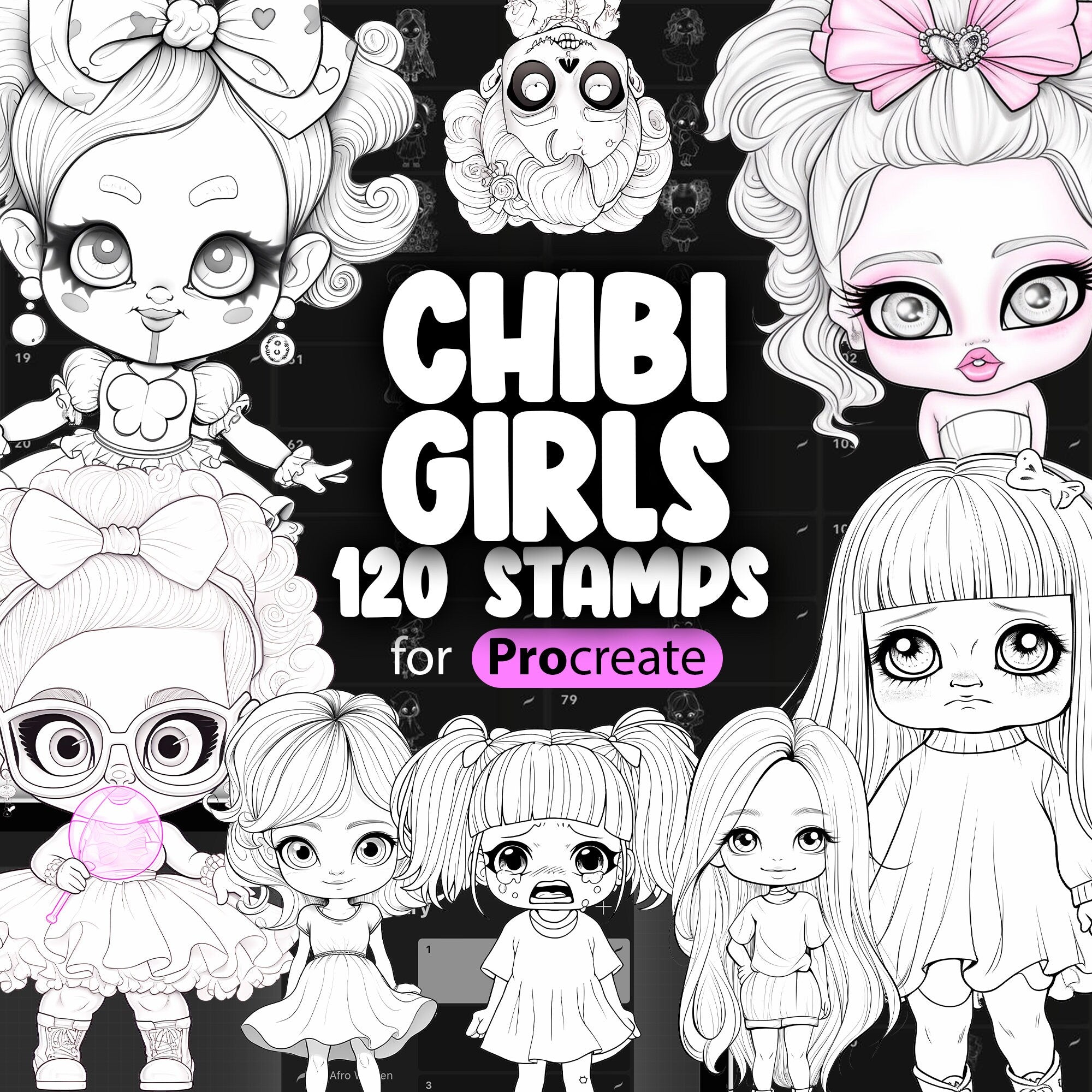 120 Procreate Cute Chibi Girls Stamp Brushes