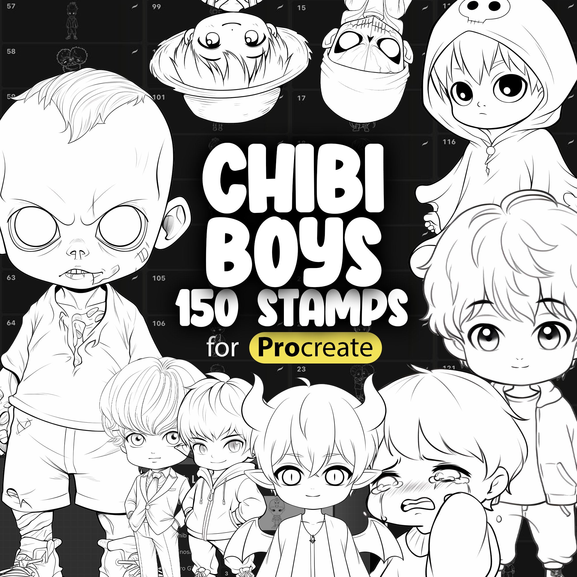 150 Procreate Cute Chibi Boys Stamp Brushes