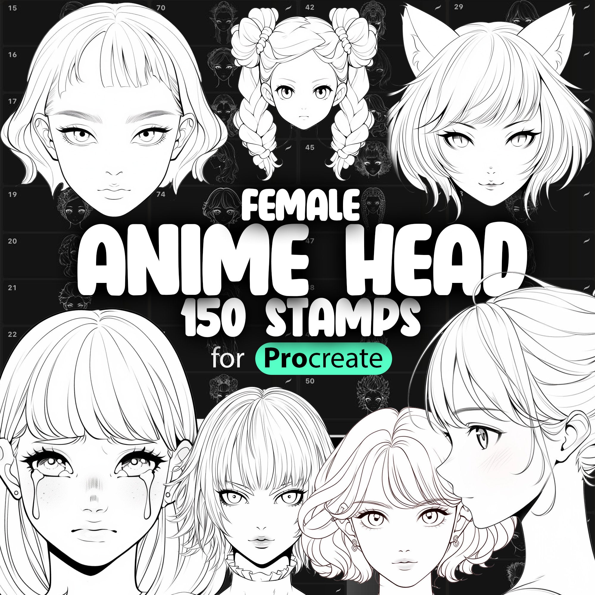 150 Procreate Anime Female Head Stamps Brushes