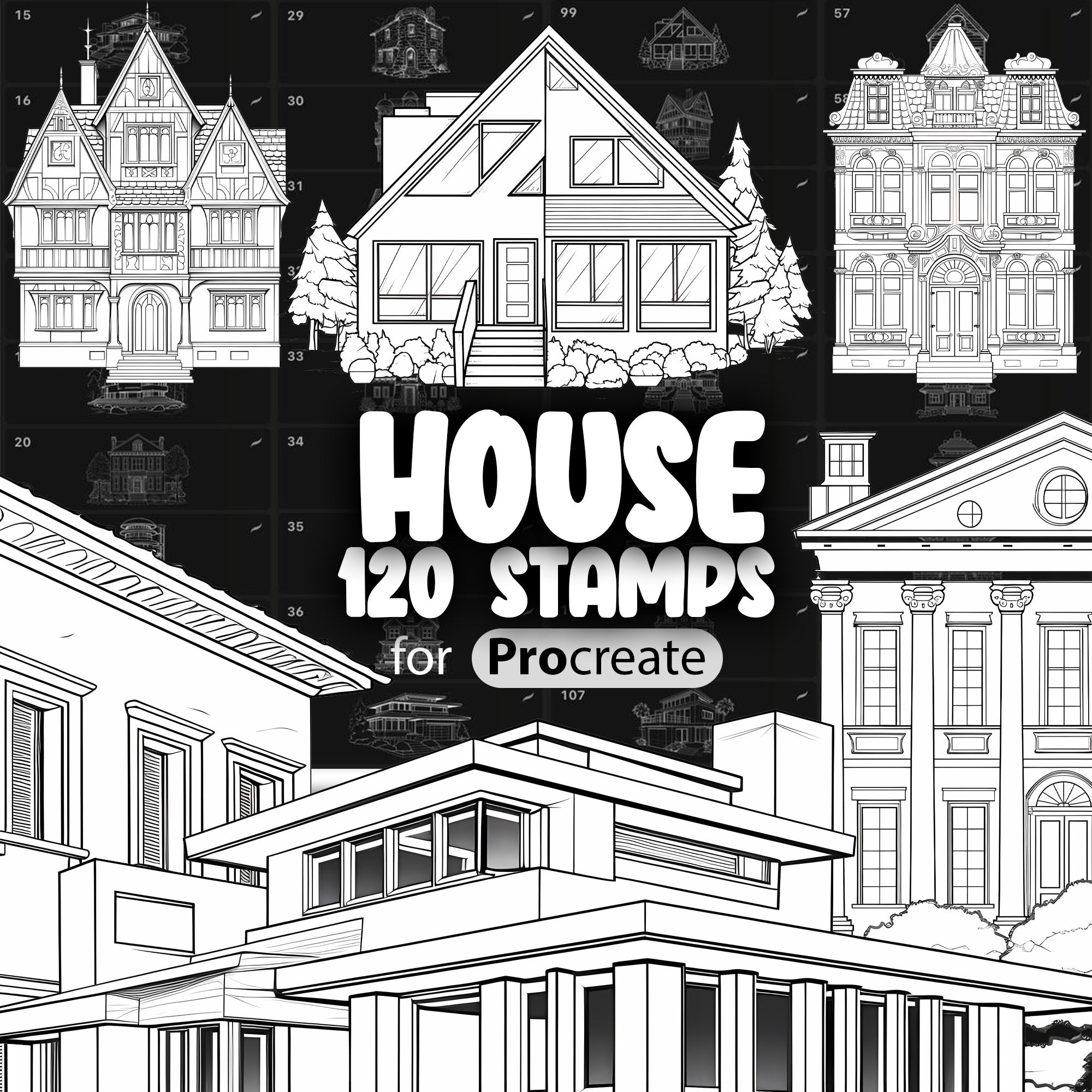 120 Procreate Houses Stamp Brushes