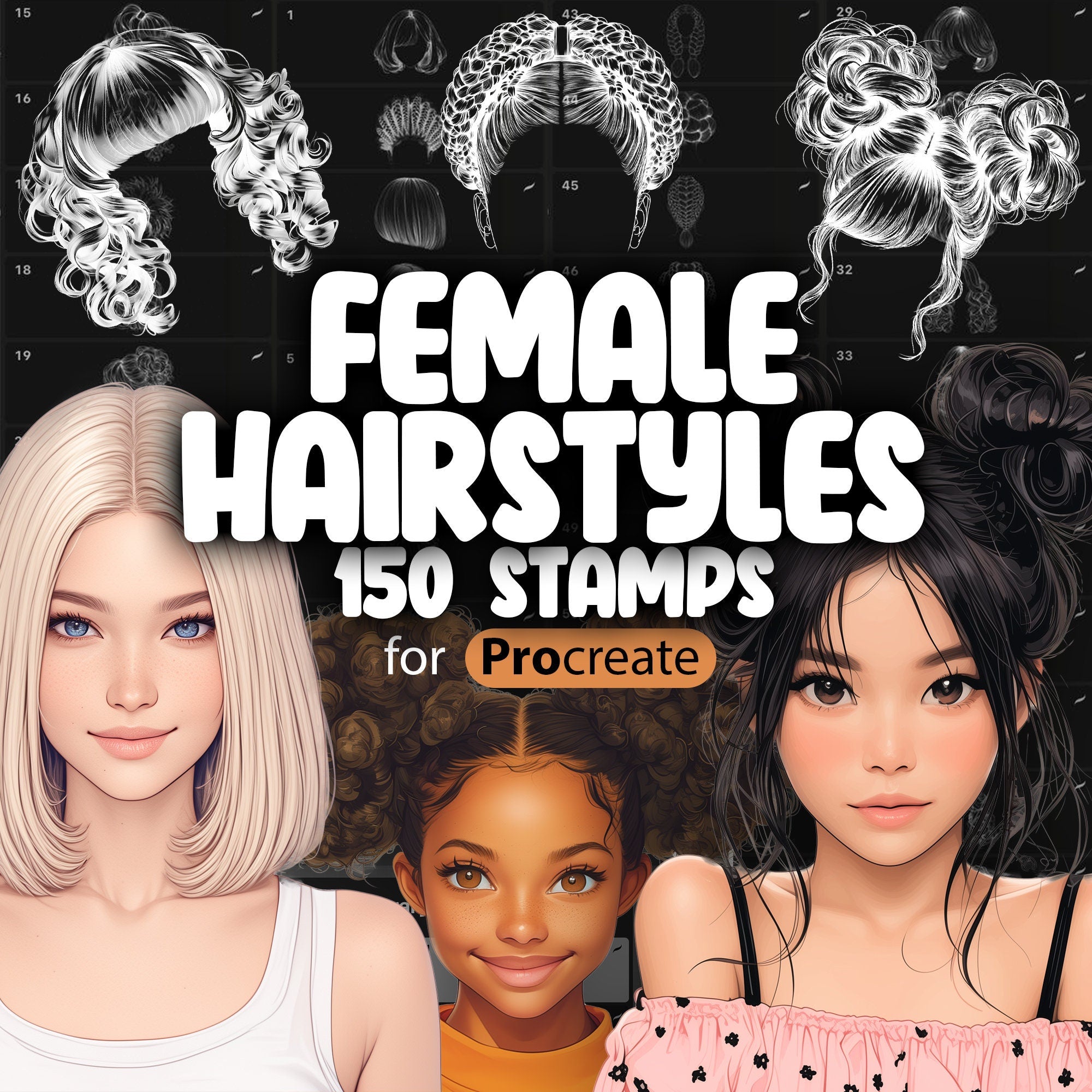 150 Procreate Female Hairstyles Stamps Brushes