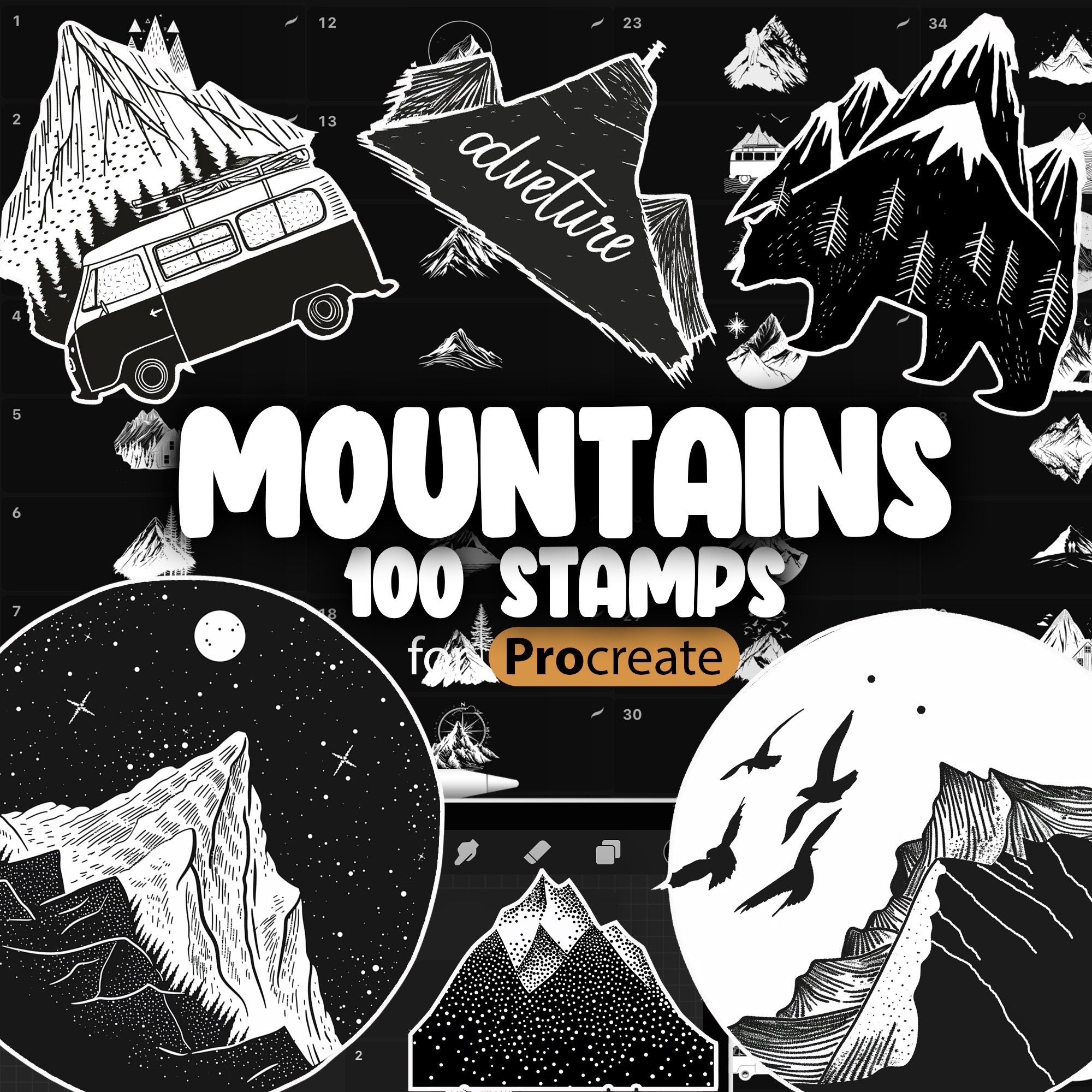 100 Procreate Mountains Logo Stamp Brushes