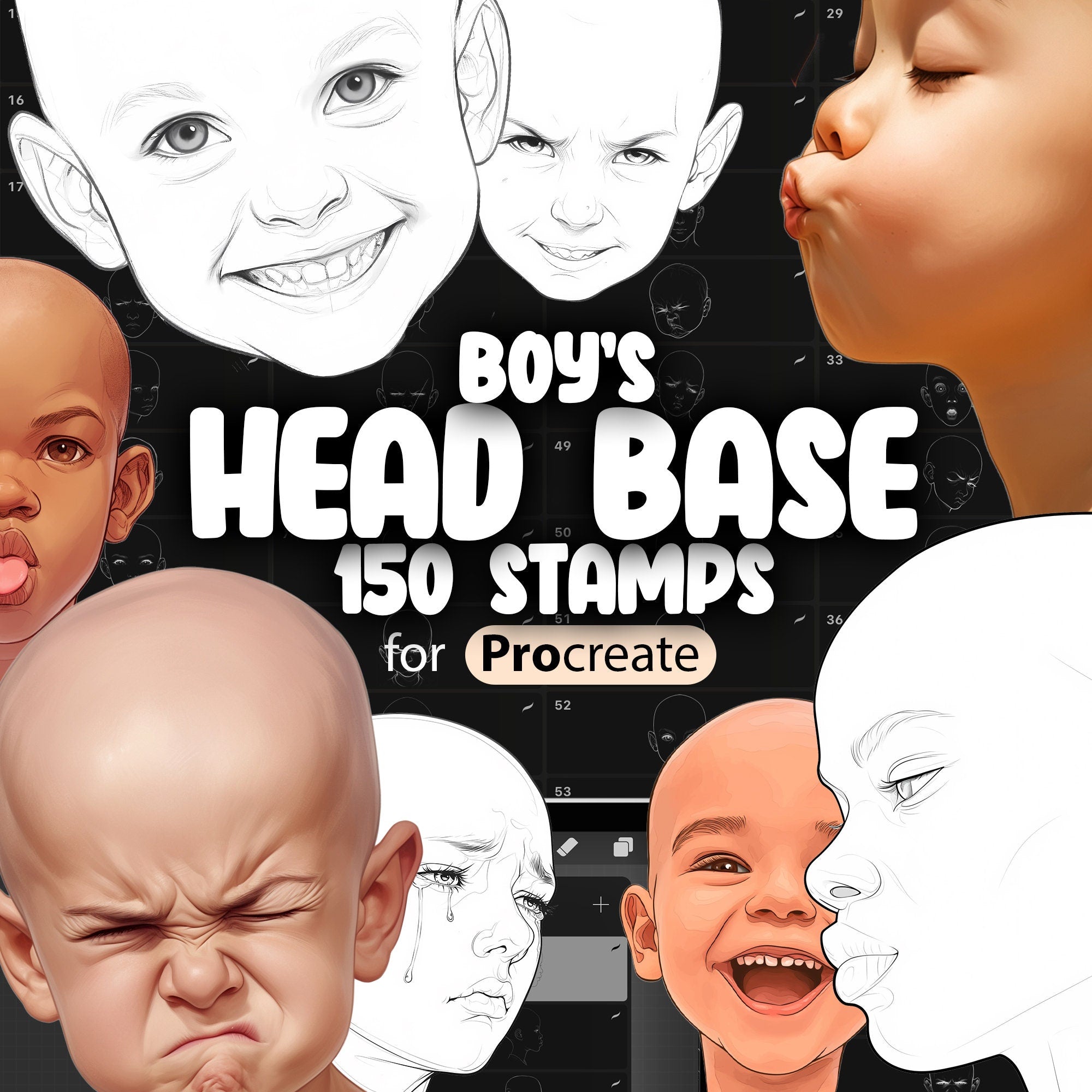 150 Procreate Boy's Heads Base Stamps Brushes
