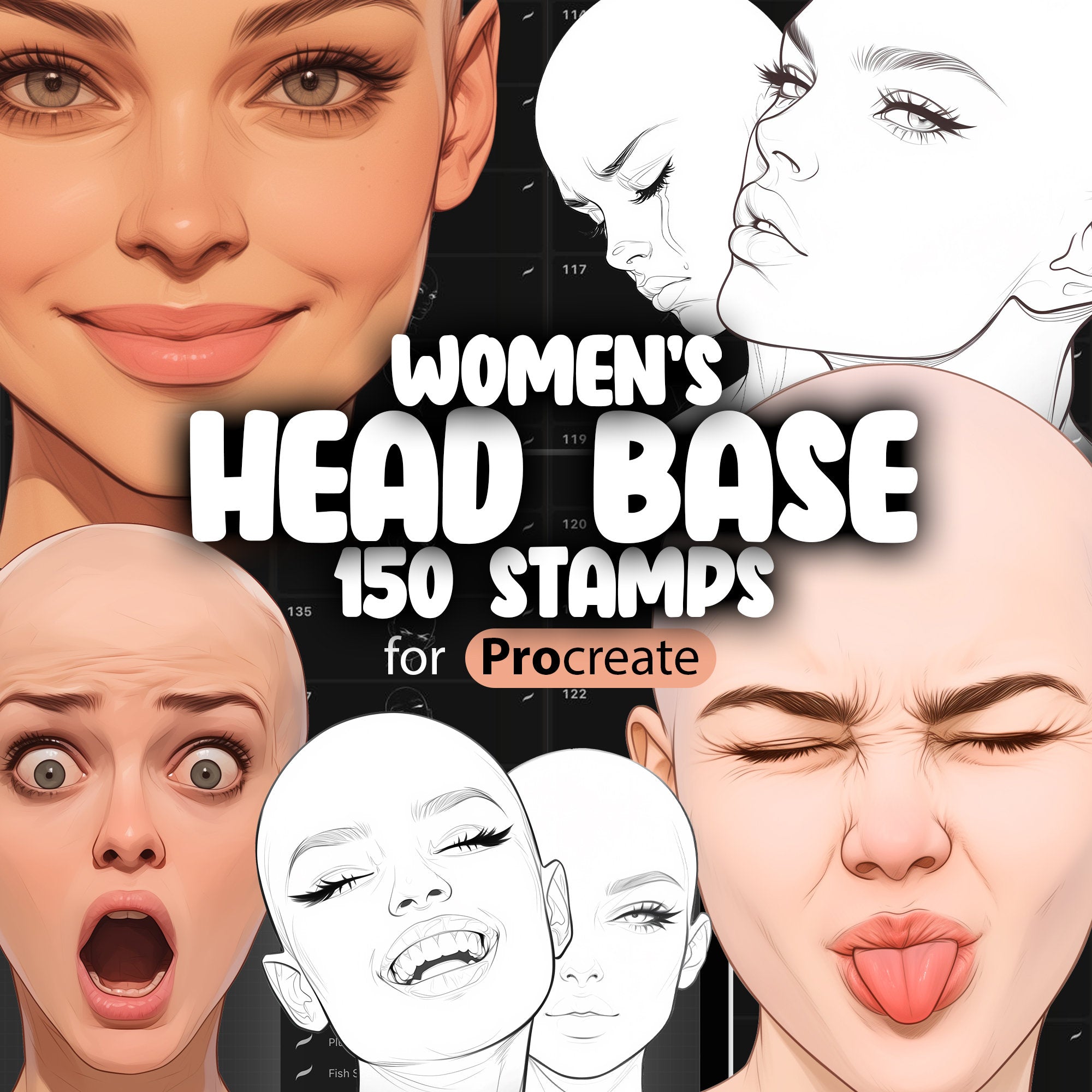 150 Procreate Girls Head Base Stamps, Procreate Female Head Guide Stamps, Procreate Women Head Reference Stamps, Procreate Portrait Stamp
