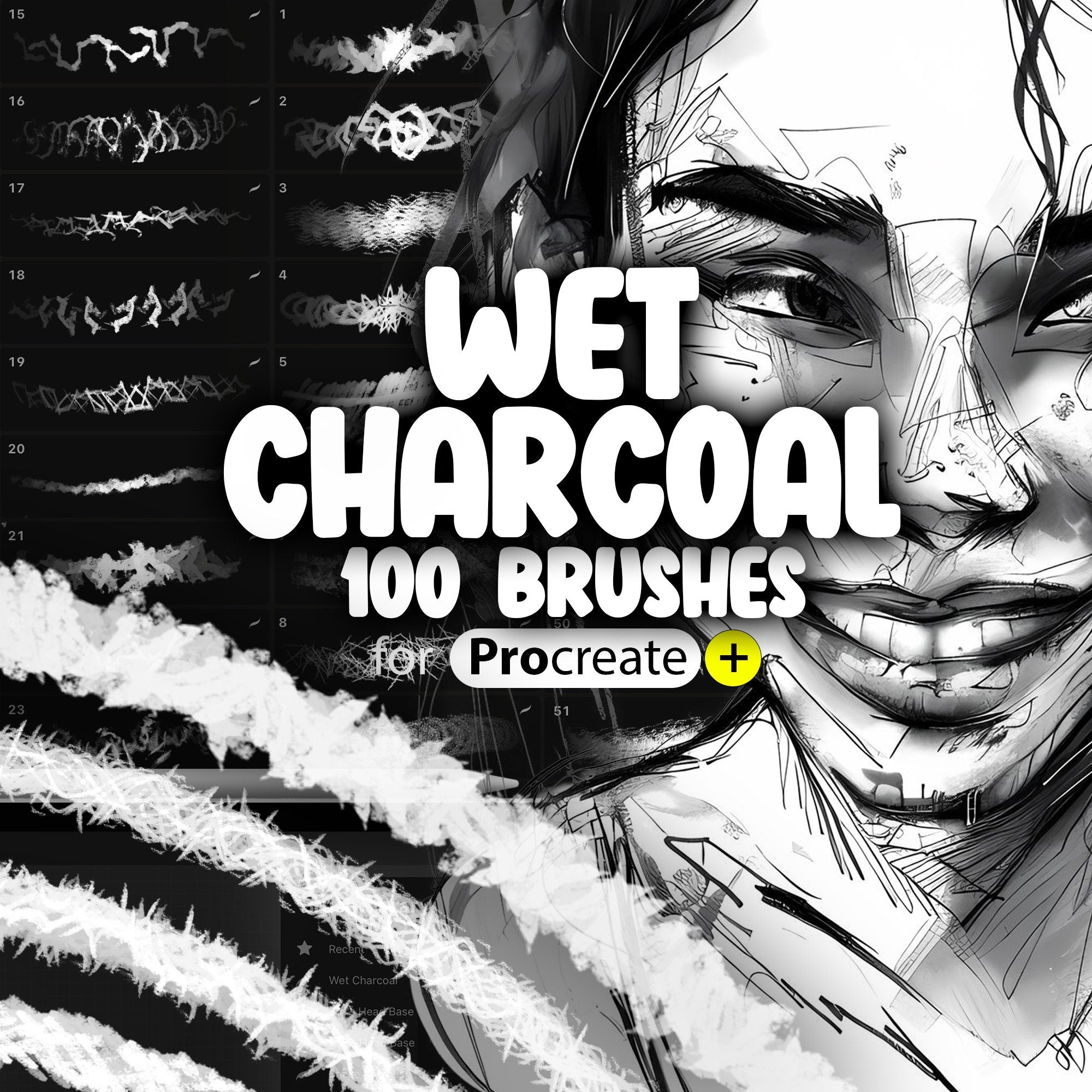 100 Procreate Wet Charcoal Brushes