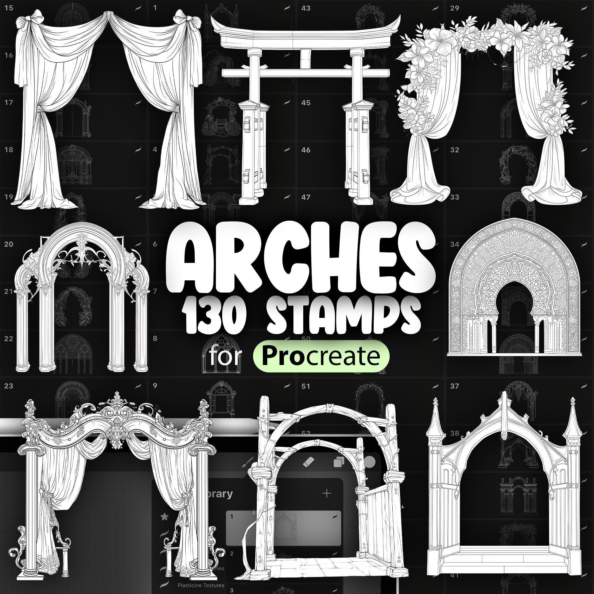 130 Procreate Ceremony Arches Stamp Brushe, Procreate Wedding Arch Stamps, Procreate Traditional Wooden Arch Stamps, Floral Circle Arch