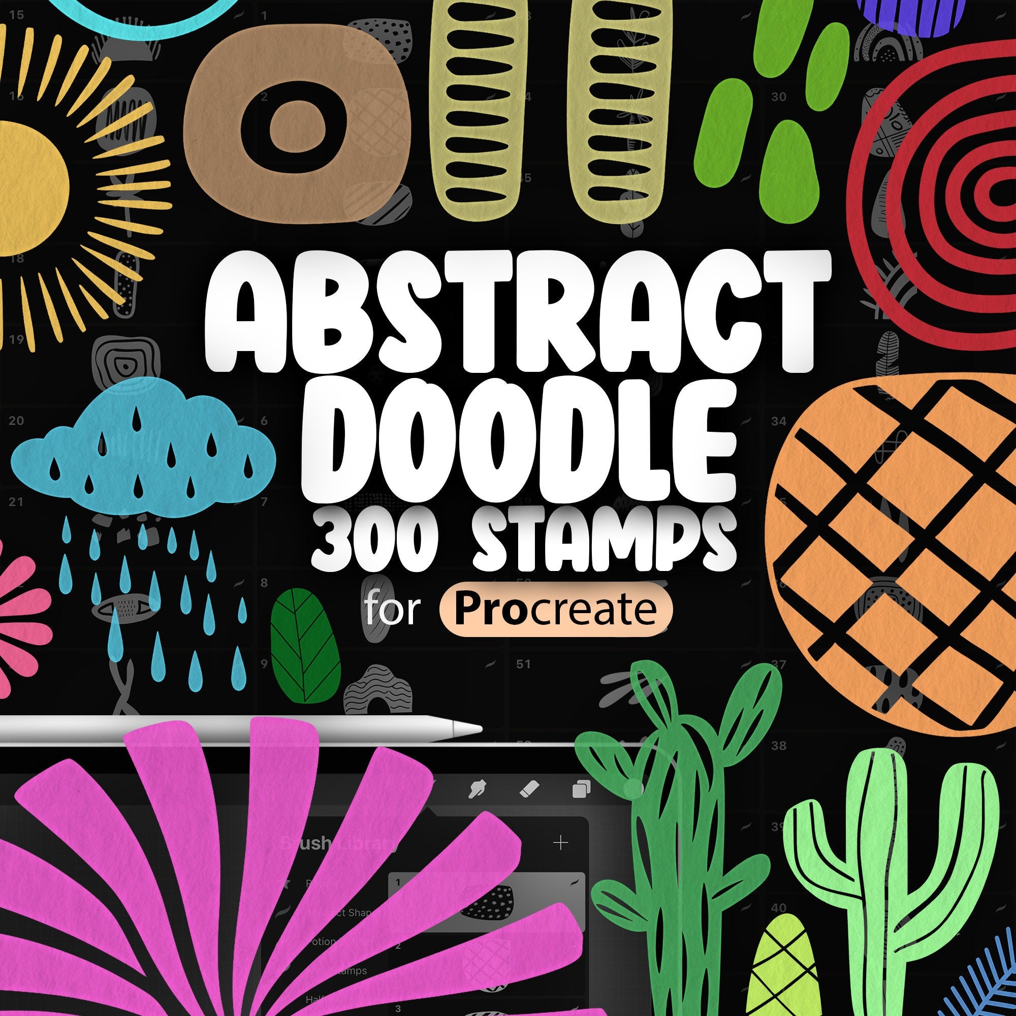 300 Procreate Abstract Doodle Stamp Brushes