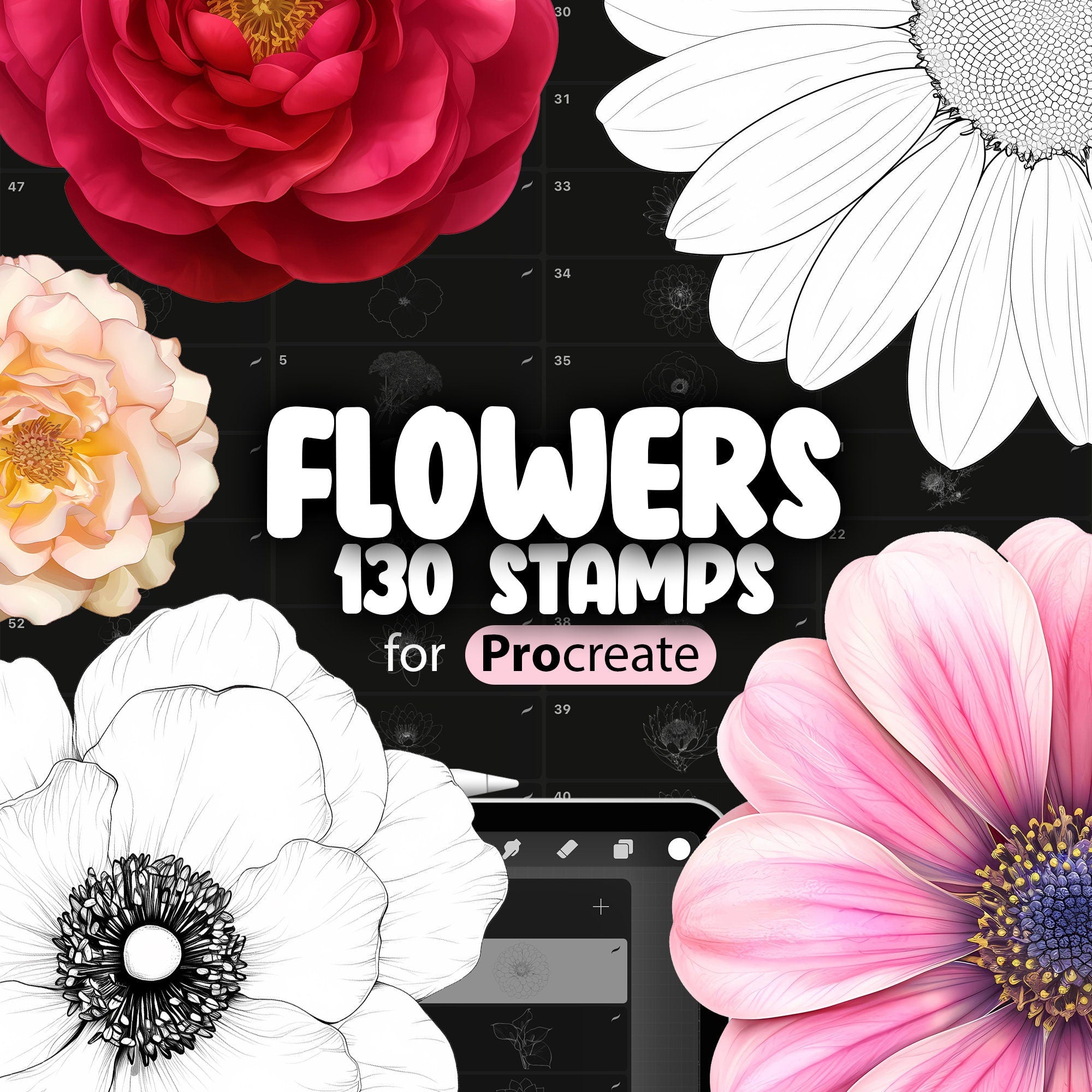 130 Procreate Flowers Stamp Brushes