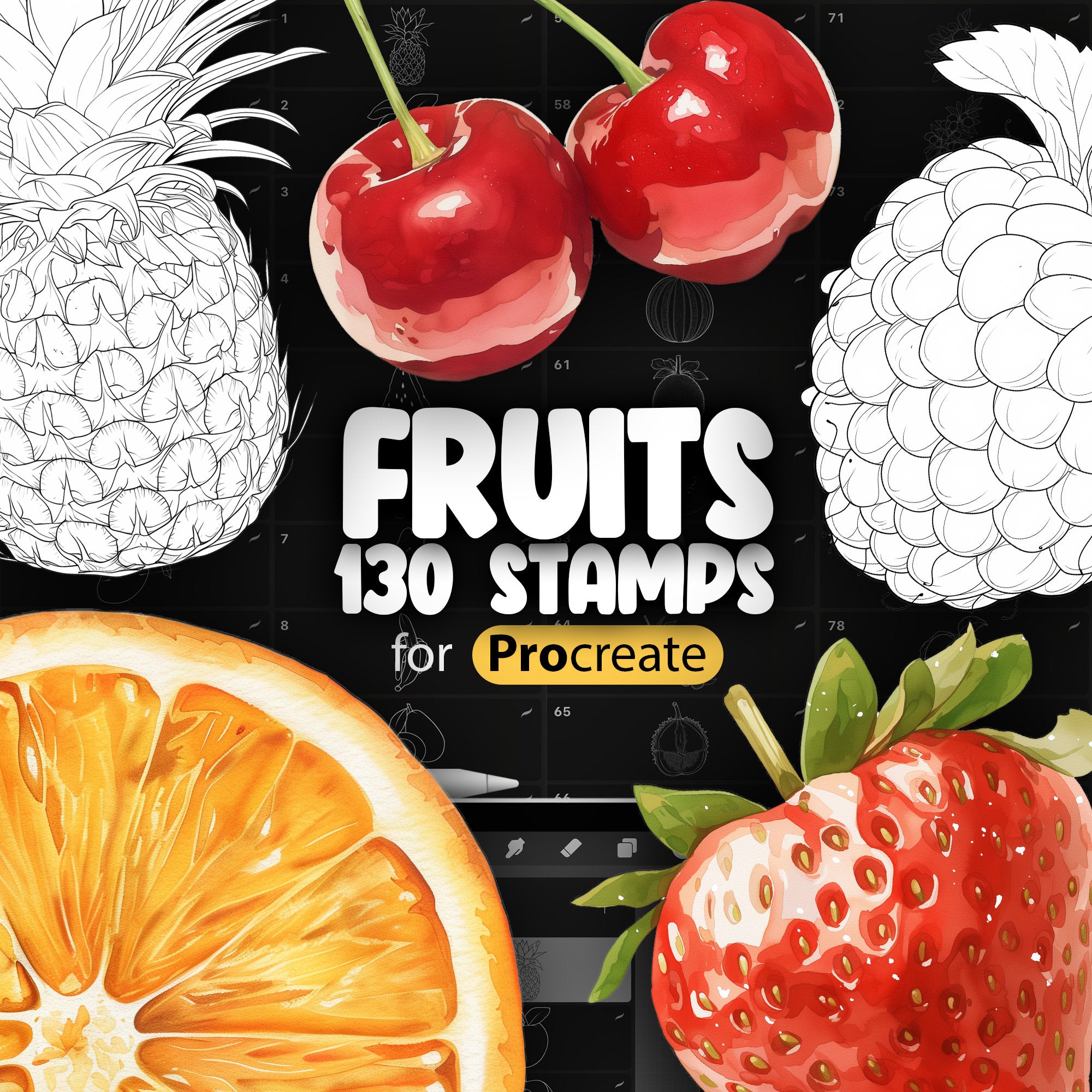 130 Procreate Fruits Stamp Brushes, Peach, Apple, Pomegranate, Cherry, Raspberry, Strawberry, Orange, Watermelon, Pineapple, Banana