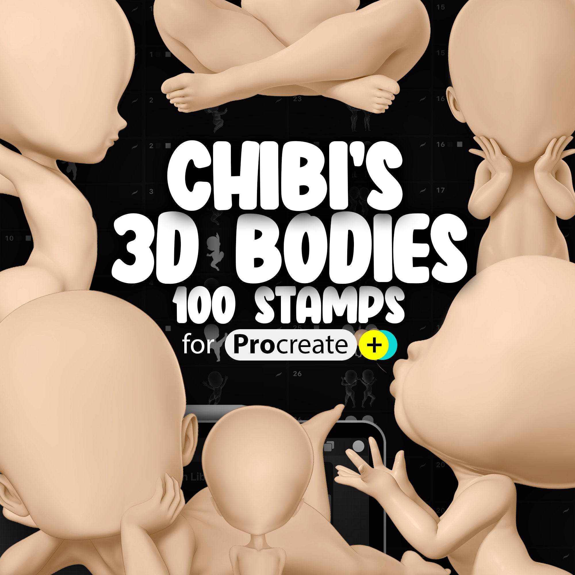 100 Procreate 2D Chibi Bodies Stamp Bushes Brushes