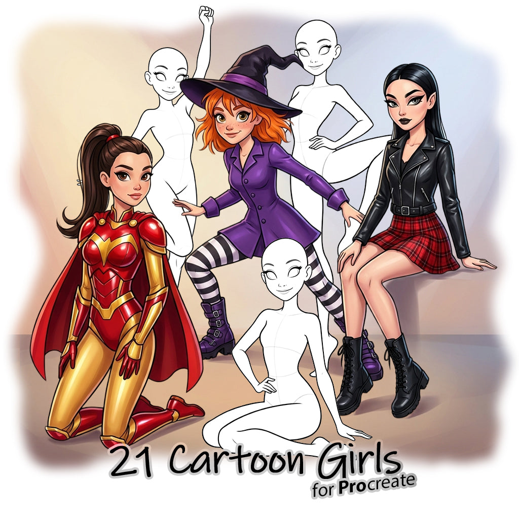 21 Procreate Cartoon Girls Poses Stamp Brushes