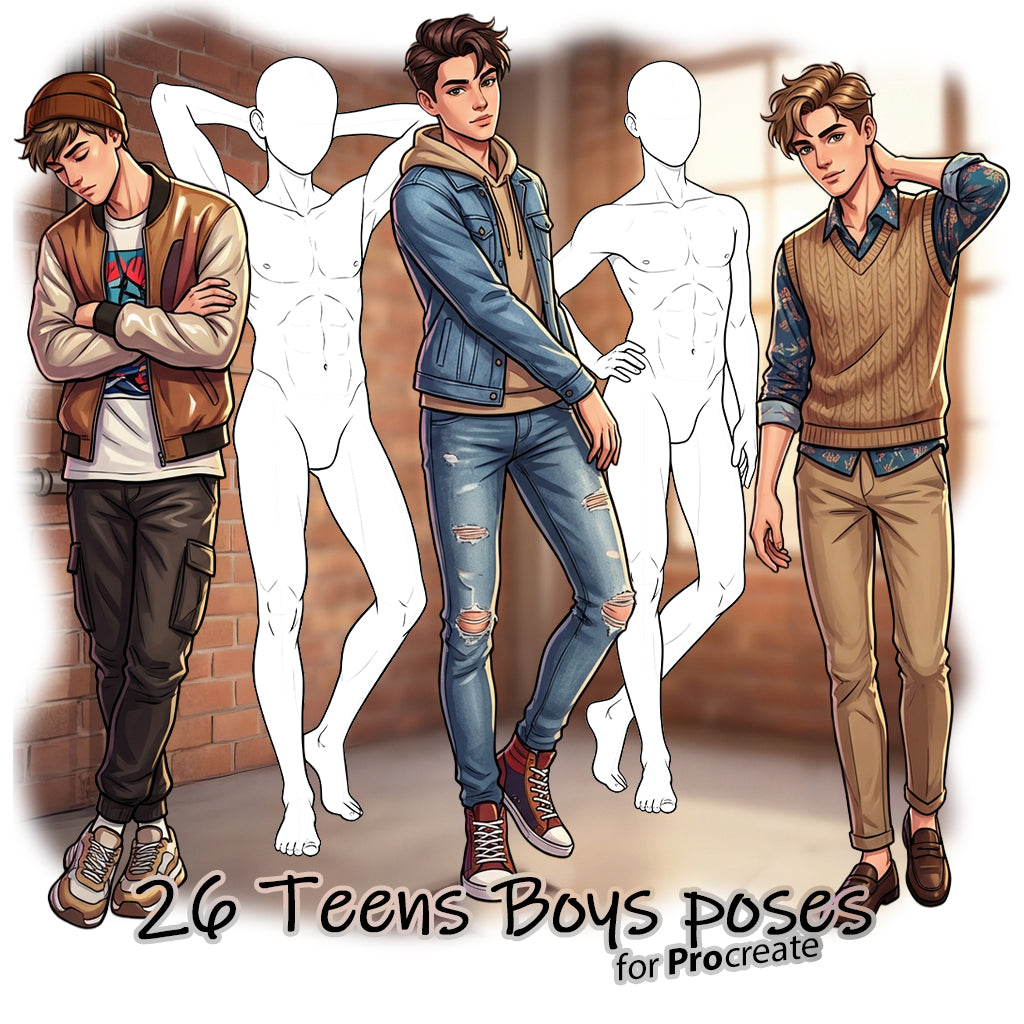 26 Procreate Teen Boys Croquis Poses Part-1 Stamps Brushes