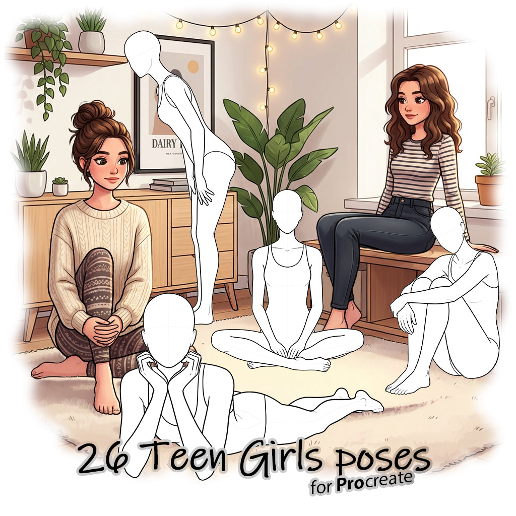 26 Procreate Teen Girls Croquis Poses Part-1 Stamps Brushes