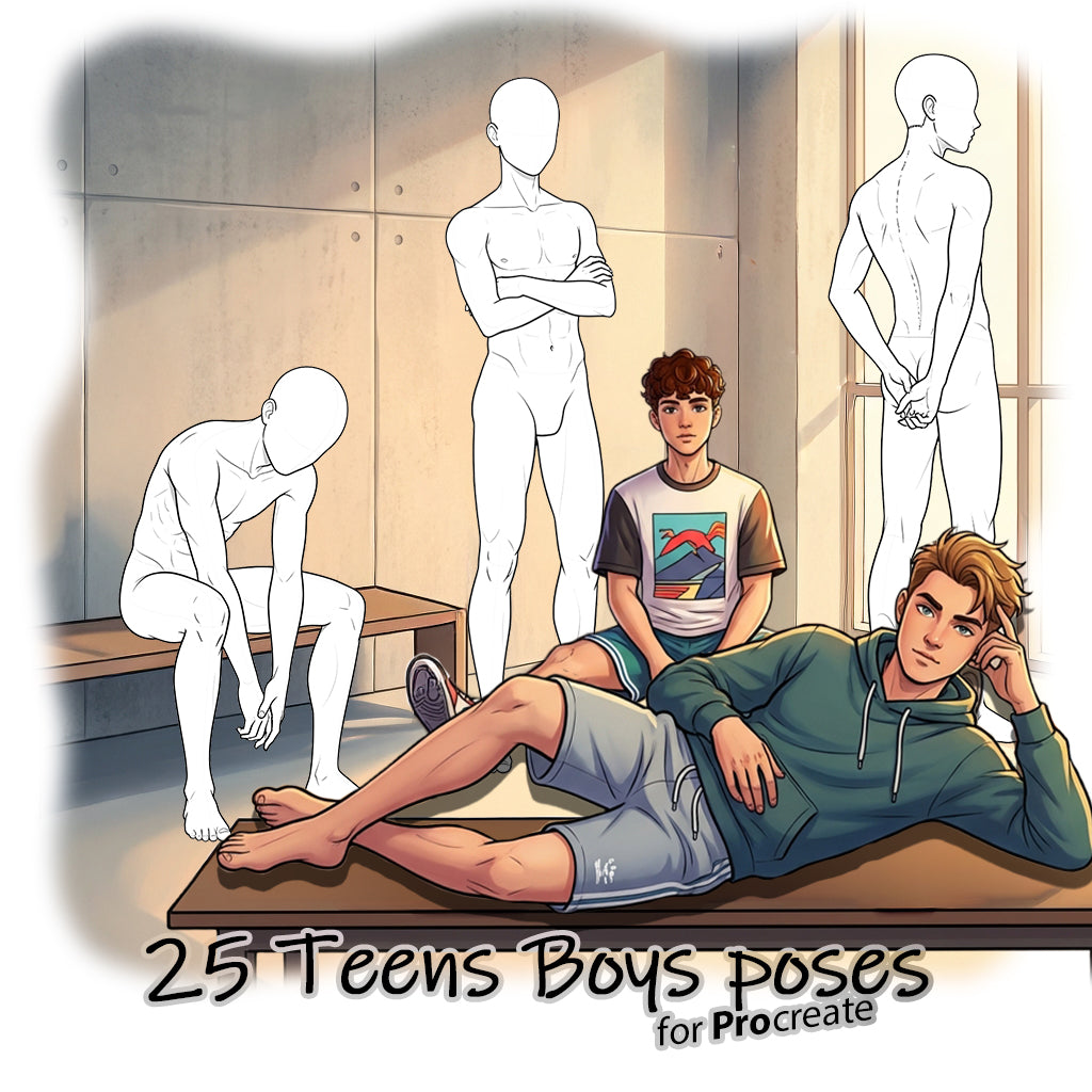 25 Procreate Teen Boys Croquis Poses Part-2 Stamps Brushes