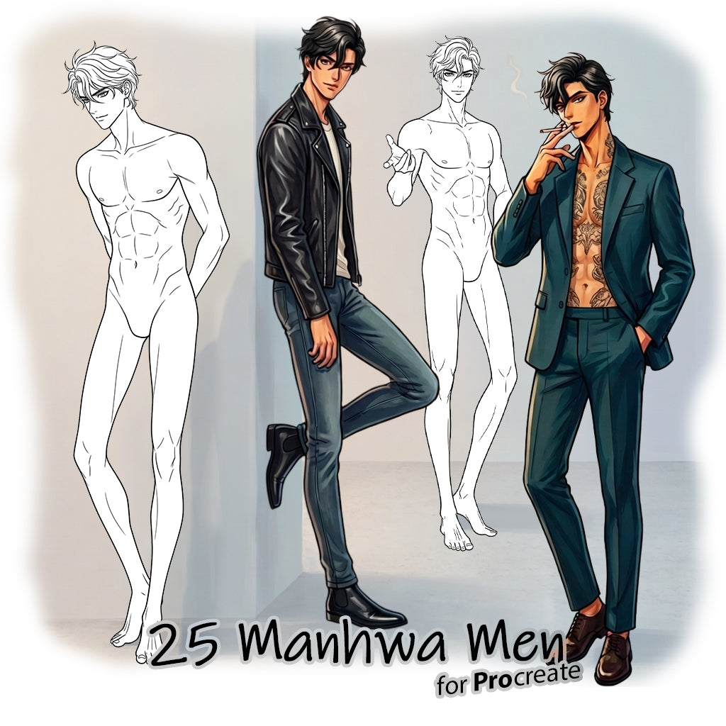 25 Procreate Manhwa Men Character Poses Stamps Brushes