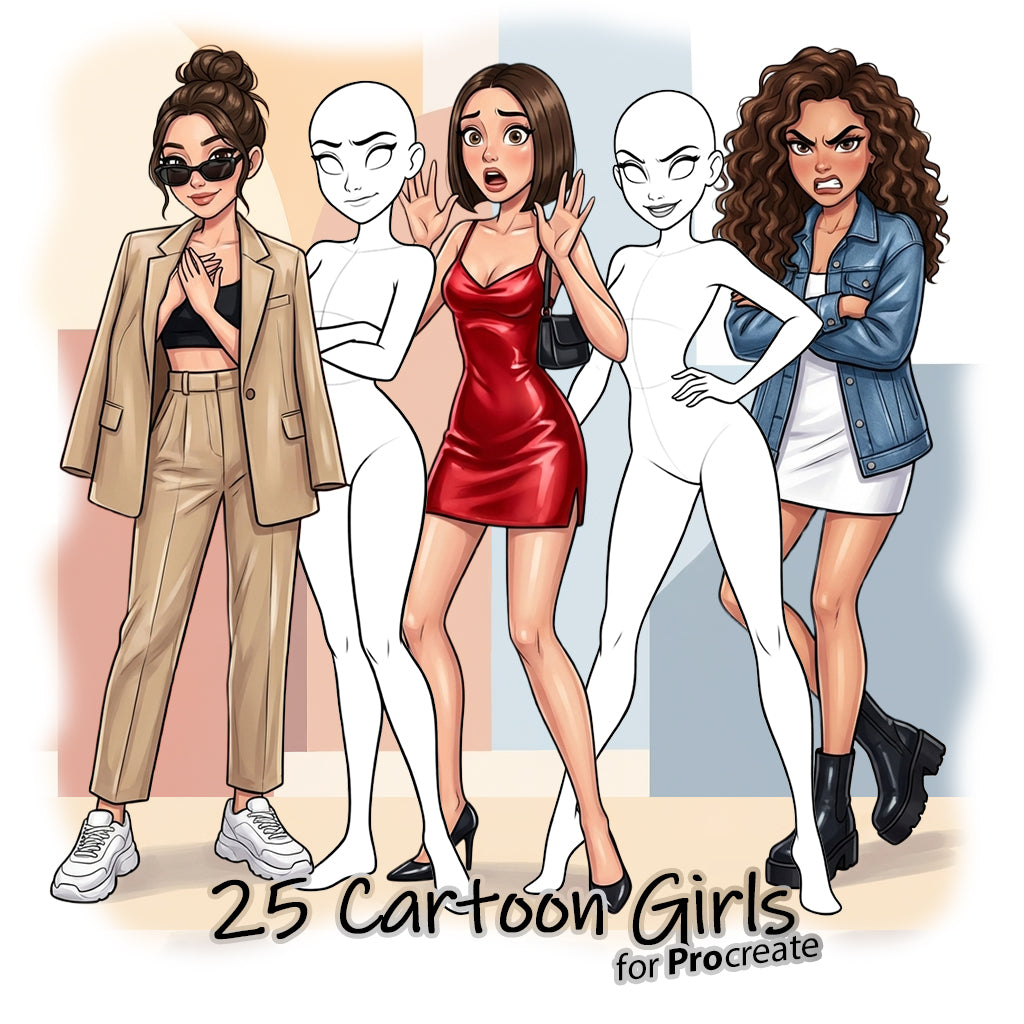 25 Procreate Cartoon Girls Poses Stamp Brushes