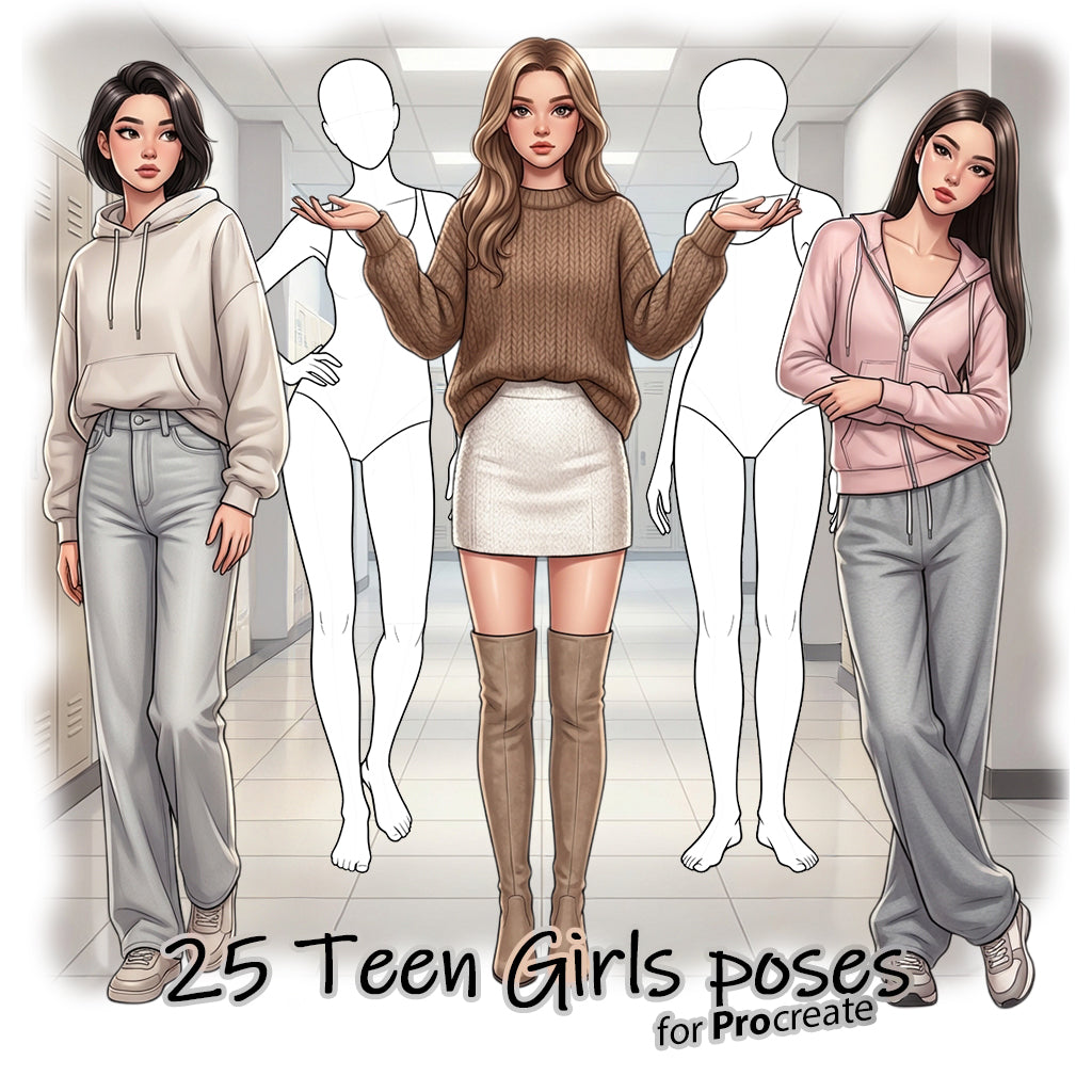 25 Procreate Teen Girls Croquis Poses Part-2 Stamps Brushes