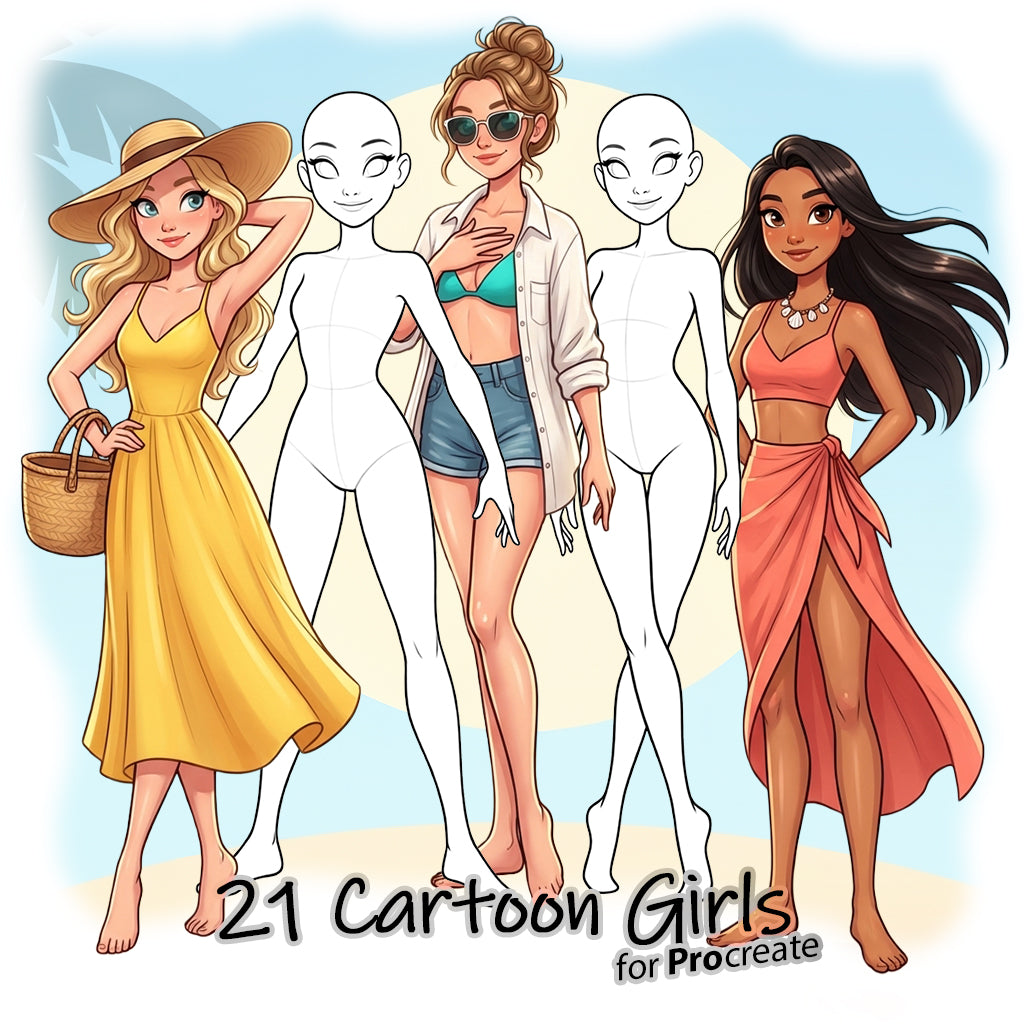 21 Procreate Cartoon Girls Poses Stamp Brushes