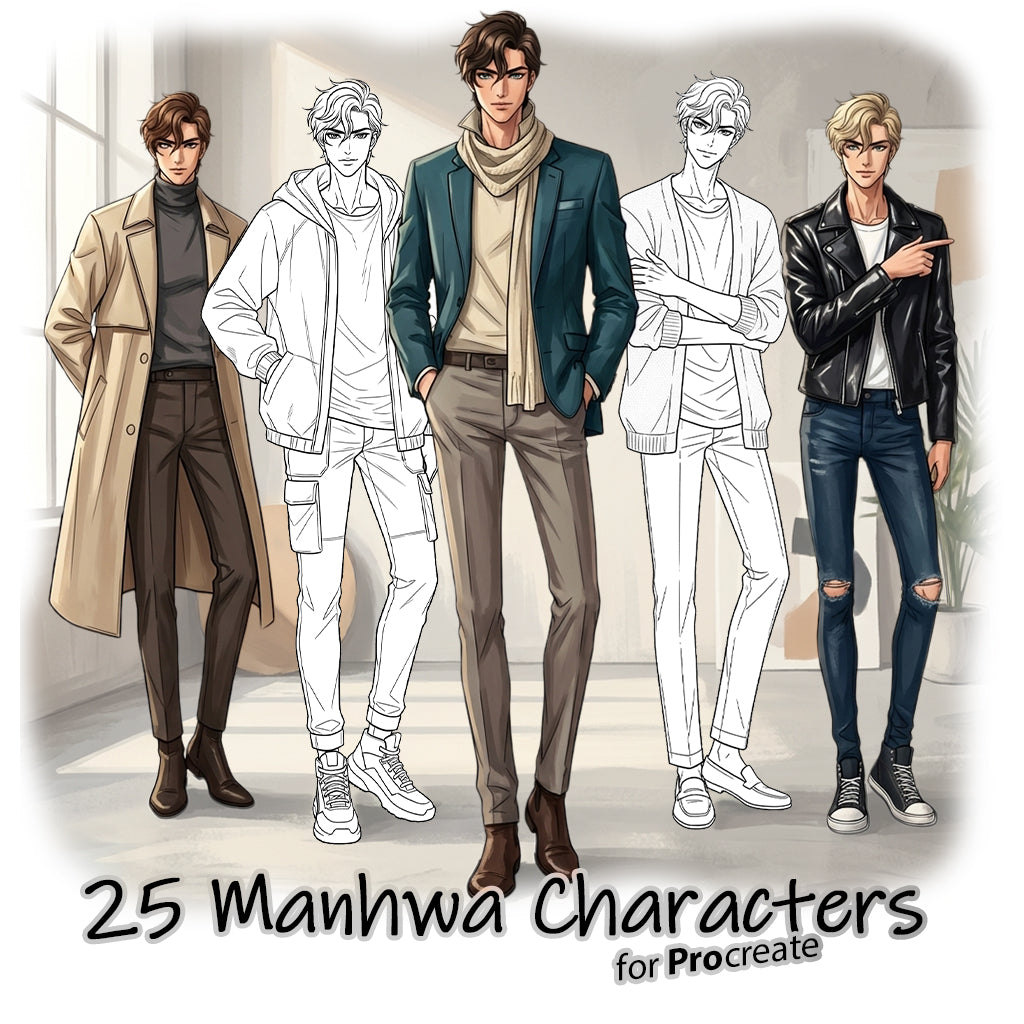 25 Procreate Manhwa Men Character Poses Stamps Brushes