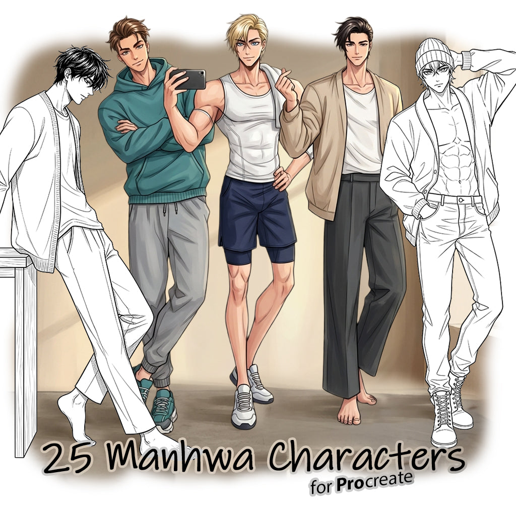 25 Procreate Manhwa Men Character Poses Stamps Brushes